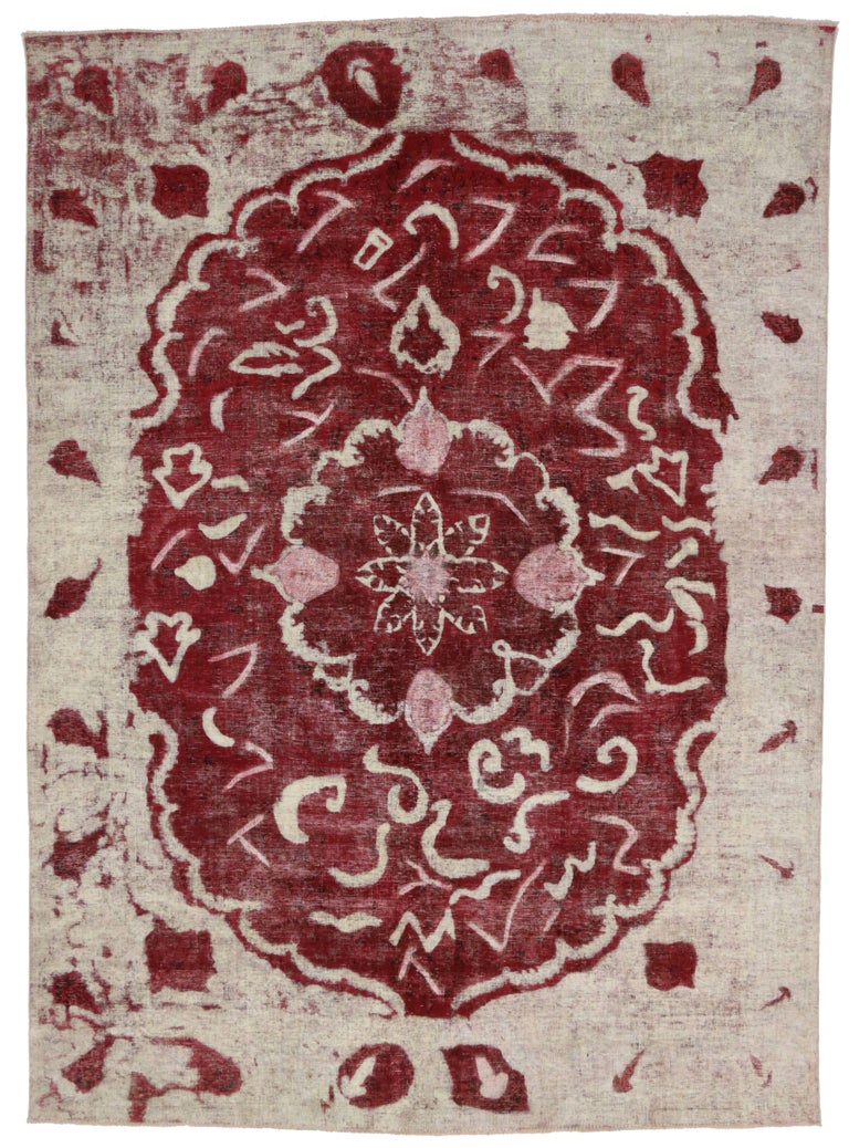 Distressed and Overdyed Farmhouse Feminine Area Rug with Shabby Chic Style For Sale at 1stDibs