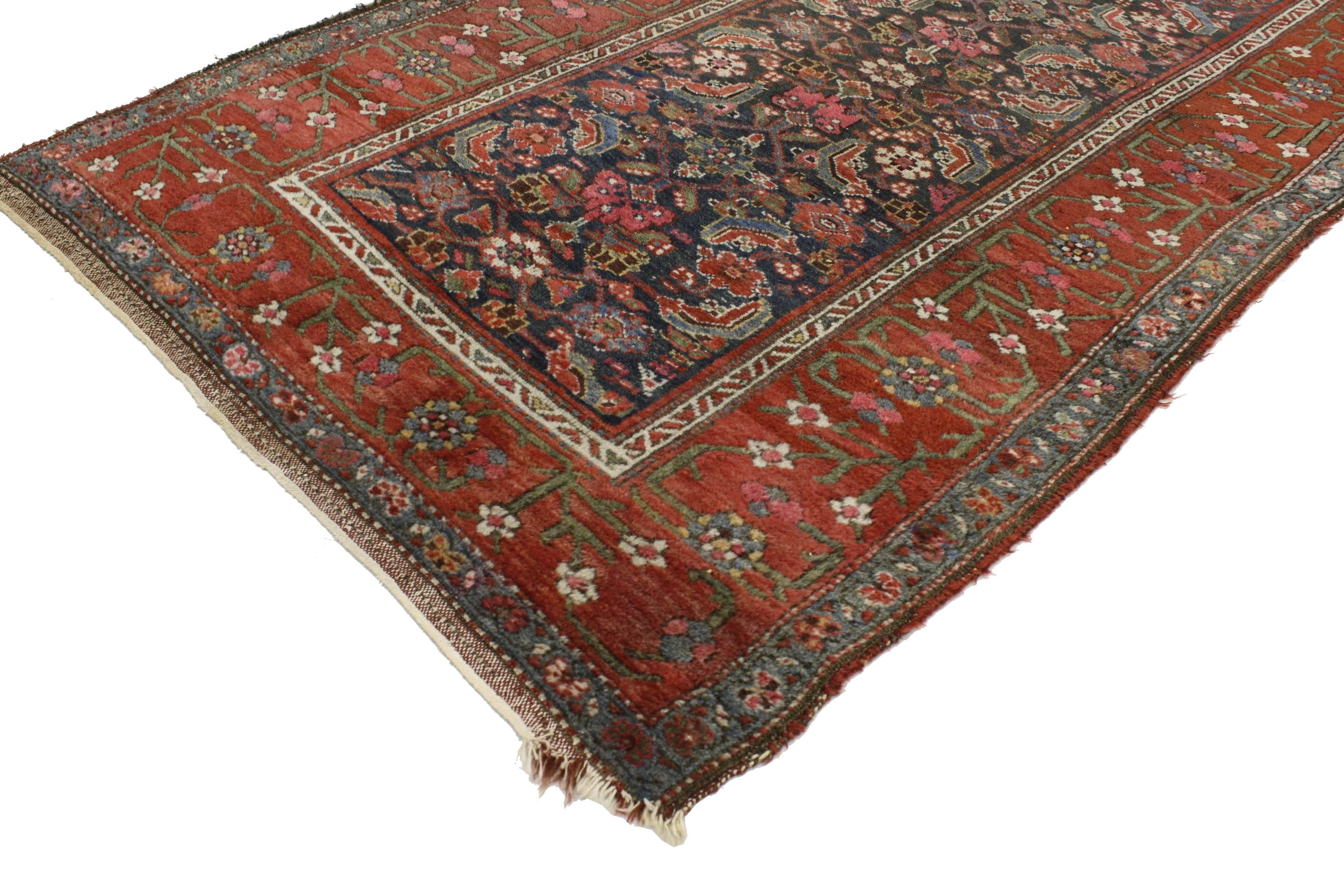 76925 Antique Malayer Persian Runner with Modern Traditional Style 03'01 x 16'01. With its timeless design and well-balanced symmetry, this hand-knotted wool antique Persian Malayer runner features an all-over Herati pattern on an abrashed navy blue
