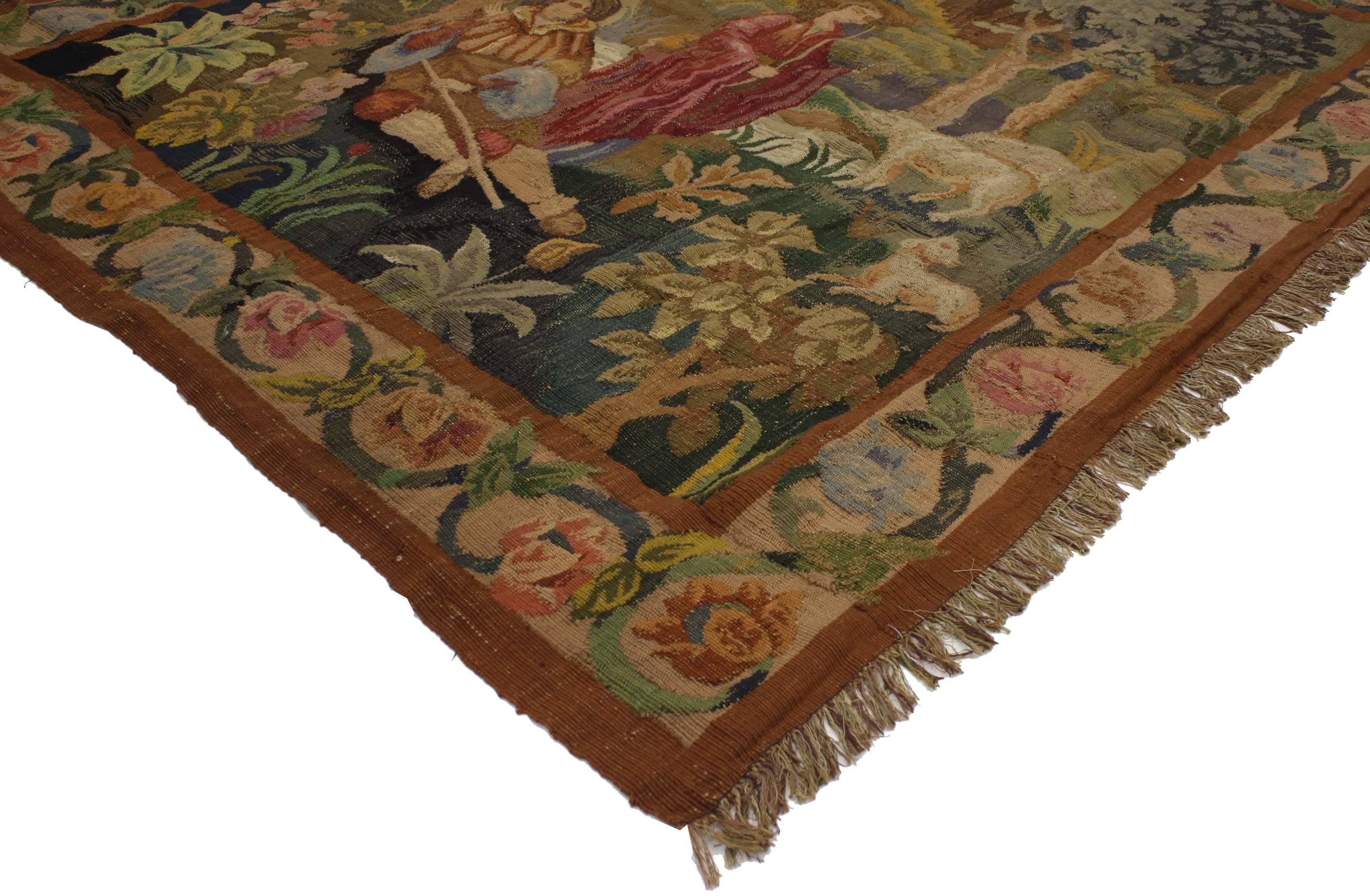 76929 Late 19th Century Antique French Aubusson Tapestry, Shepherd and Shepherdess Verdure Wall Hanging. Drawing inspiration from South Netherlandish (ca. 1500–1530) and Medieval Art, this hand-woven silk and wool antique French Aubusson tapestry