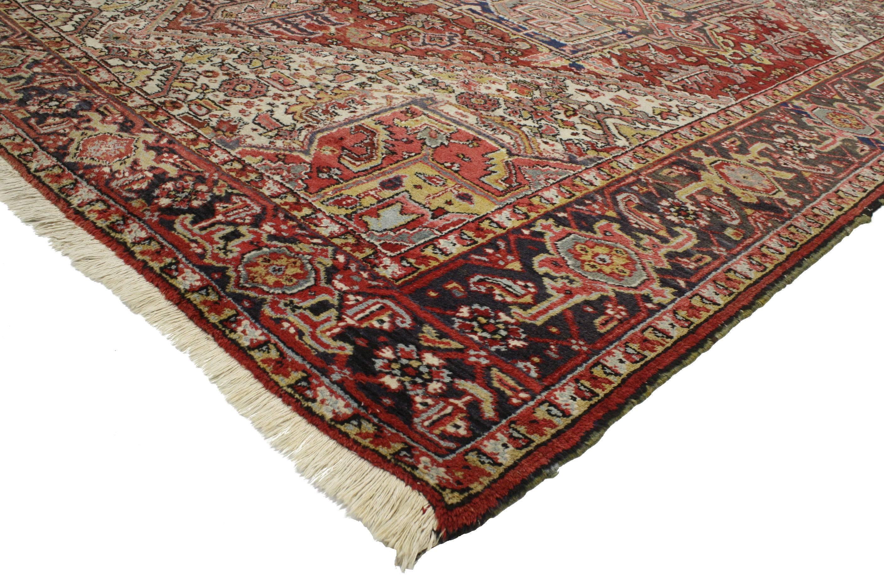 76907 Vintage Persian Heriz Rug with Mid-Century Modern Style. With timeless appeal, refined colors, and architectural design elements, this hand knotted wool vintage Persian Heriz rug can beautifully blend contemporary and traditional interiors. It