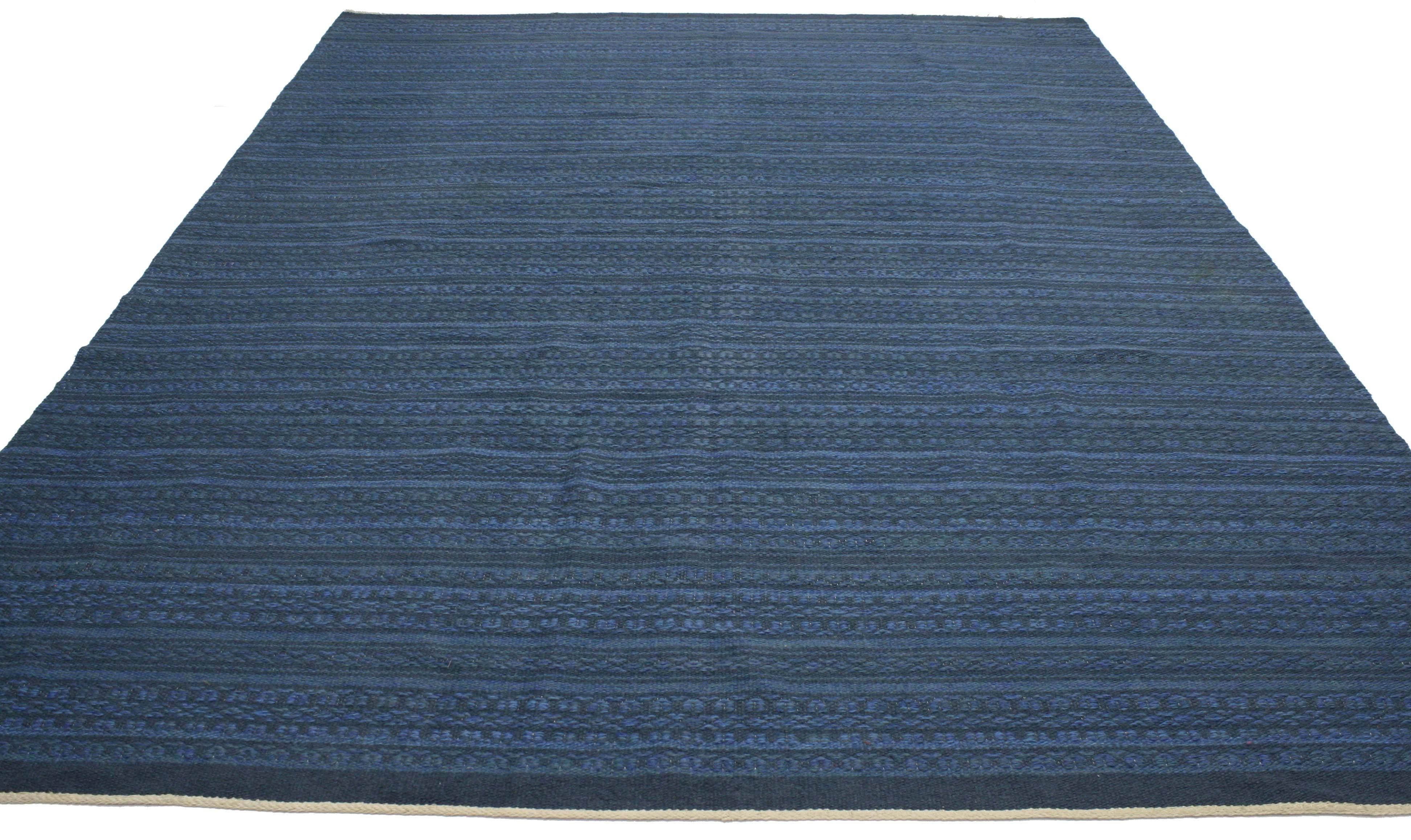 Hand-Knotted Scandinavian Modern Swedish Kilim Rollakan, Blue Flat-Weave Kilim Rug