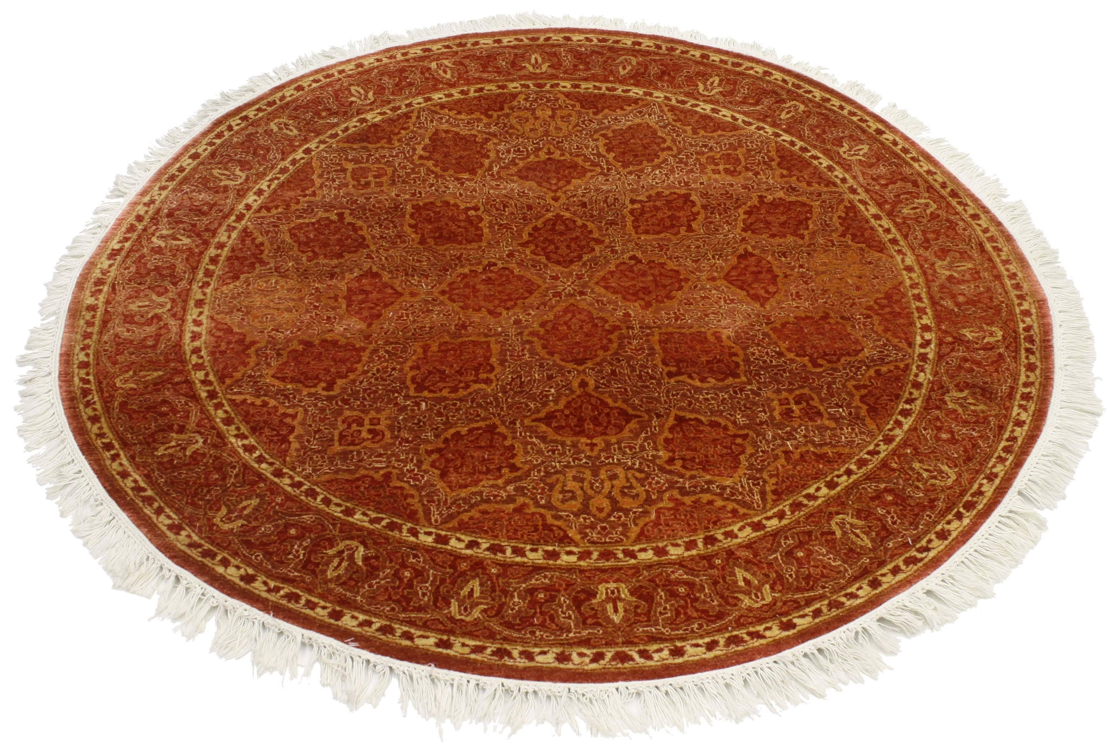 Hand-Knotted Modern Indian Rug with Floral Pattern and Transitional Style, Round Rug