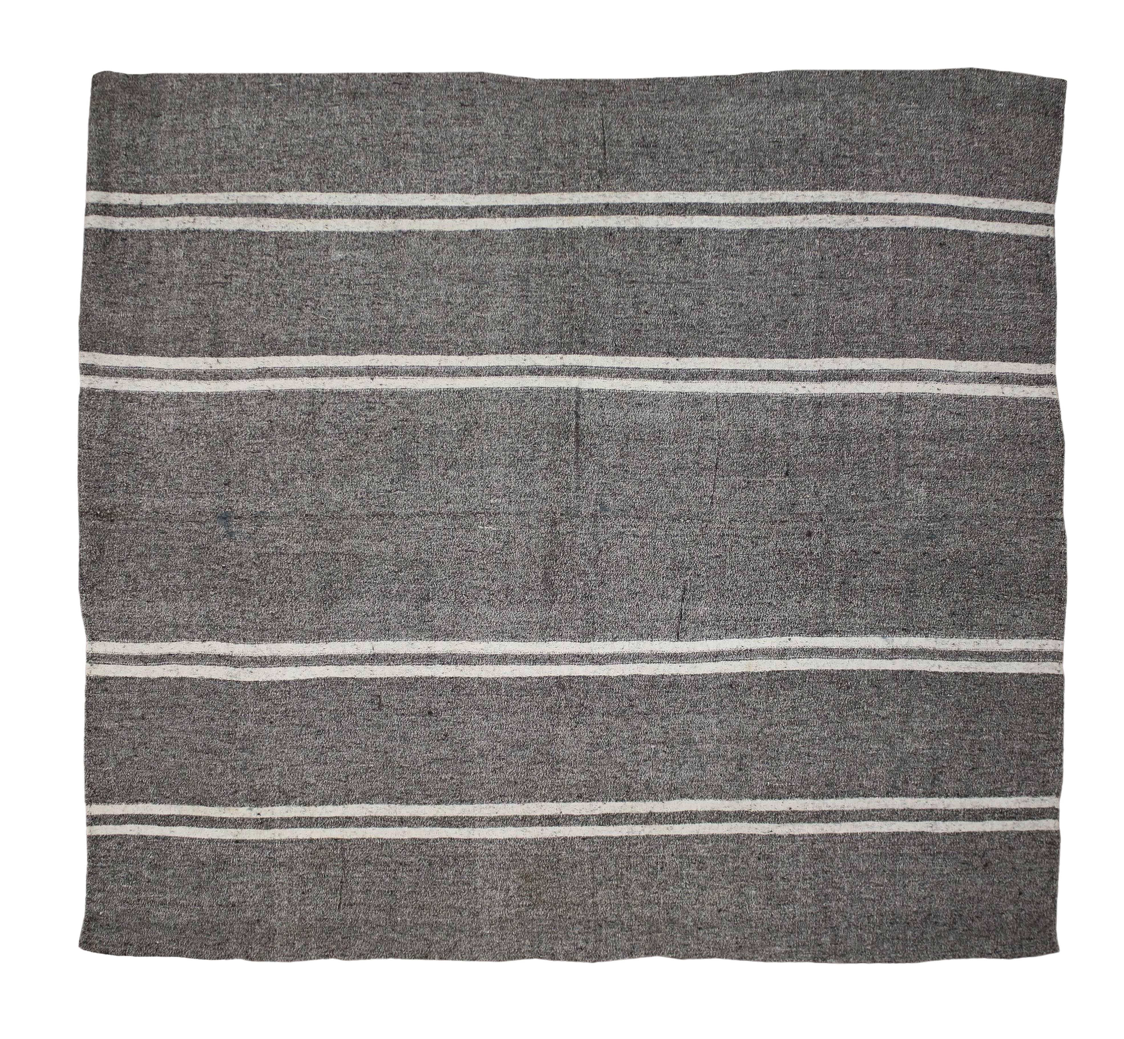 Wool Modern Vintage Gray Stripe Turkish Kilim Rug with Minimalist Style, Square Rug