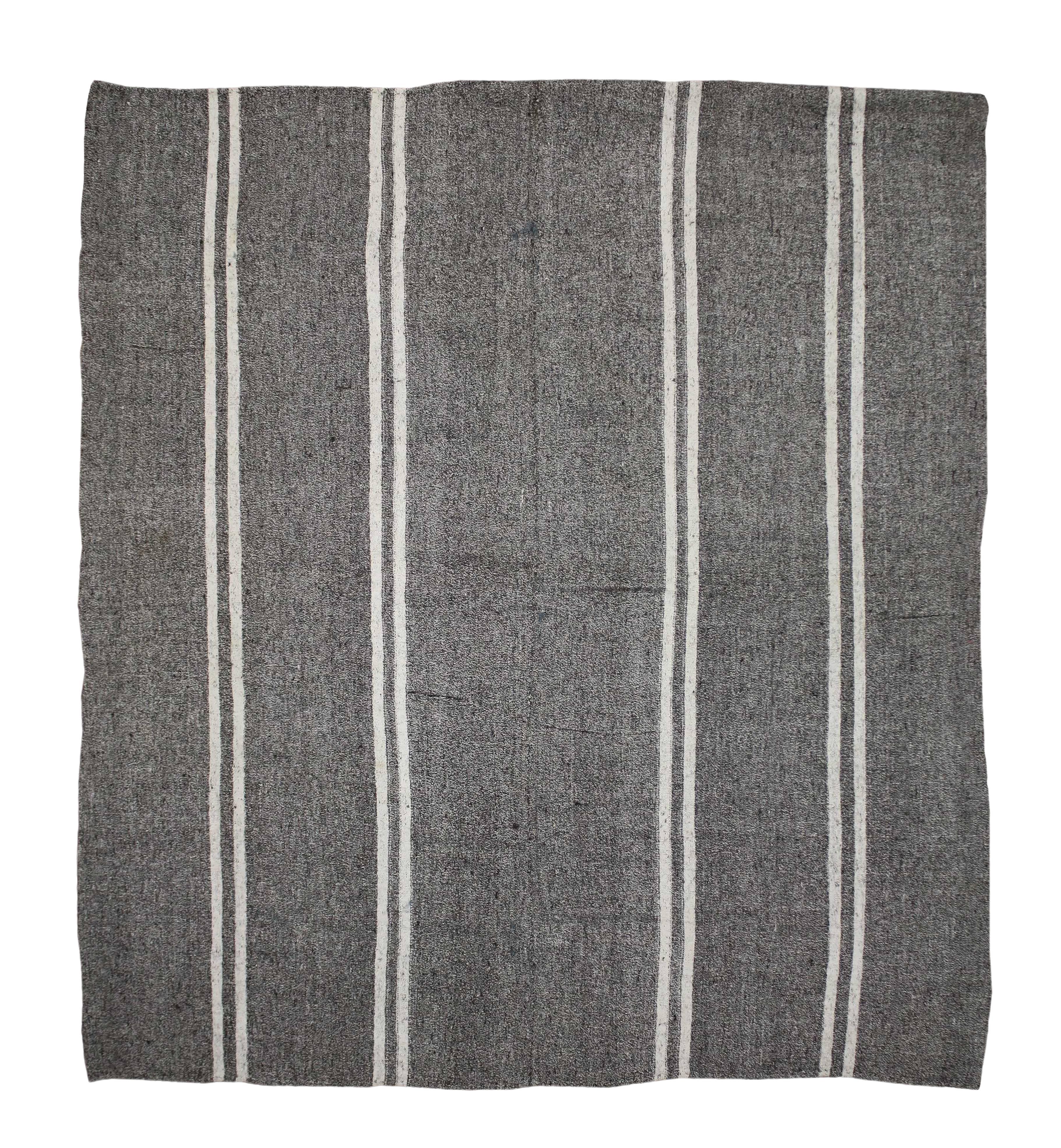 20th Century Modern Vintage Gray Stripe Turkish Kilim Rug with Minimalist Style, Square Rug