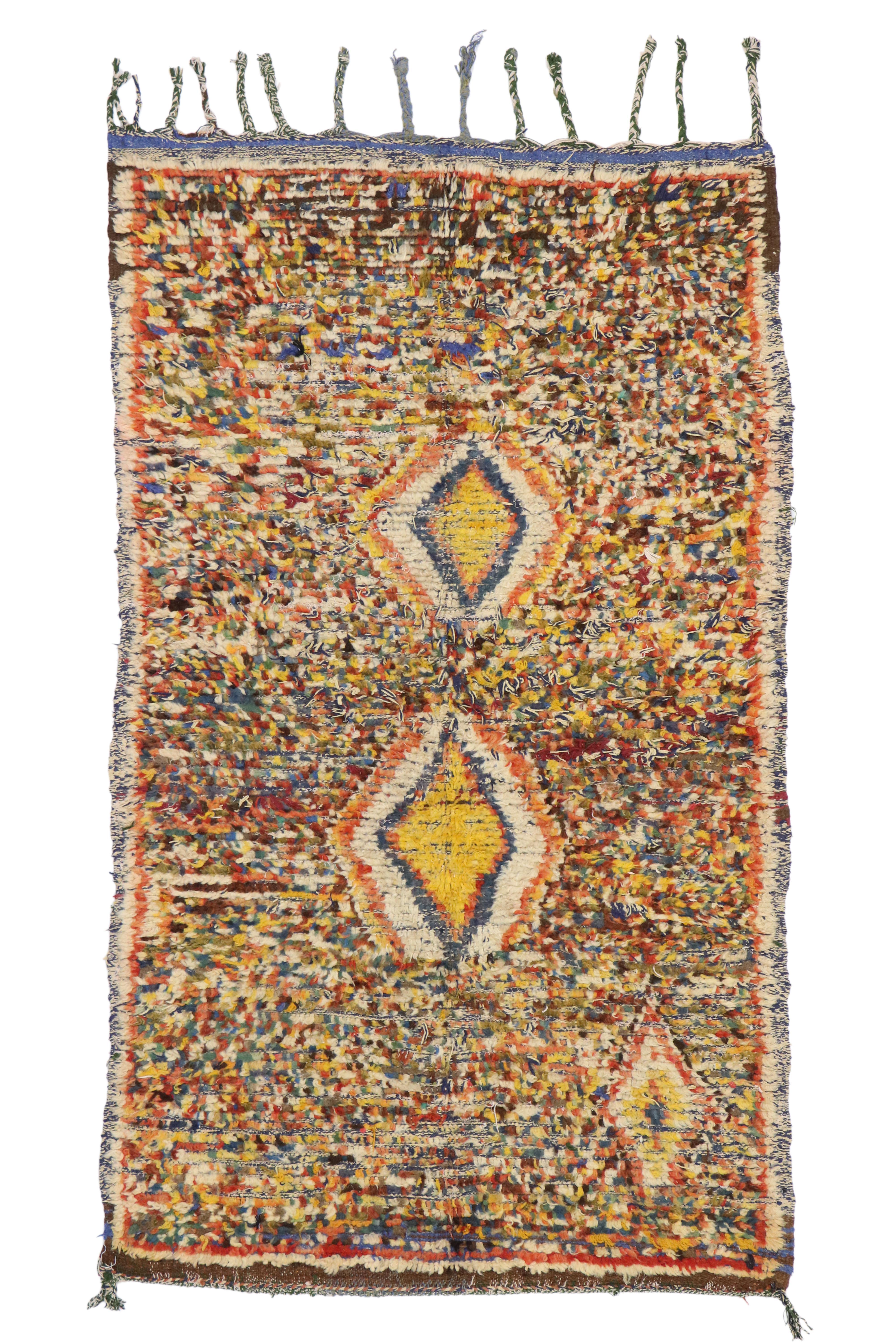 74529 Mid-Century Modern Berber Moroccan Sunshine Yellow Rug, Moroccan Shag Accent Rug 03'05 x 05'06. Bursting with sunshine and colors of summer, this hand-knotted wool vintage Moroccan rug is illuminating and uplifting offering happiness,