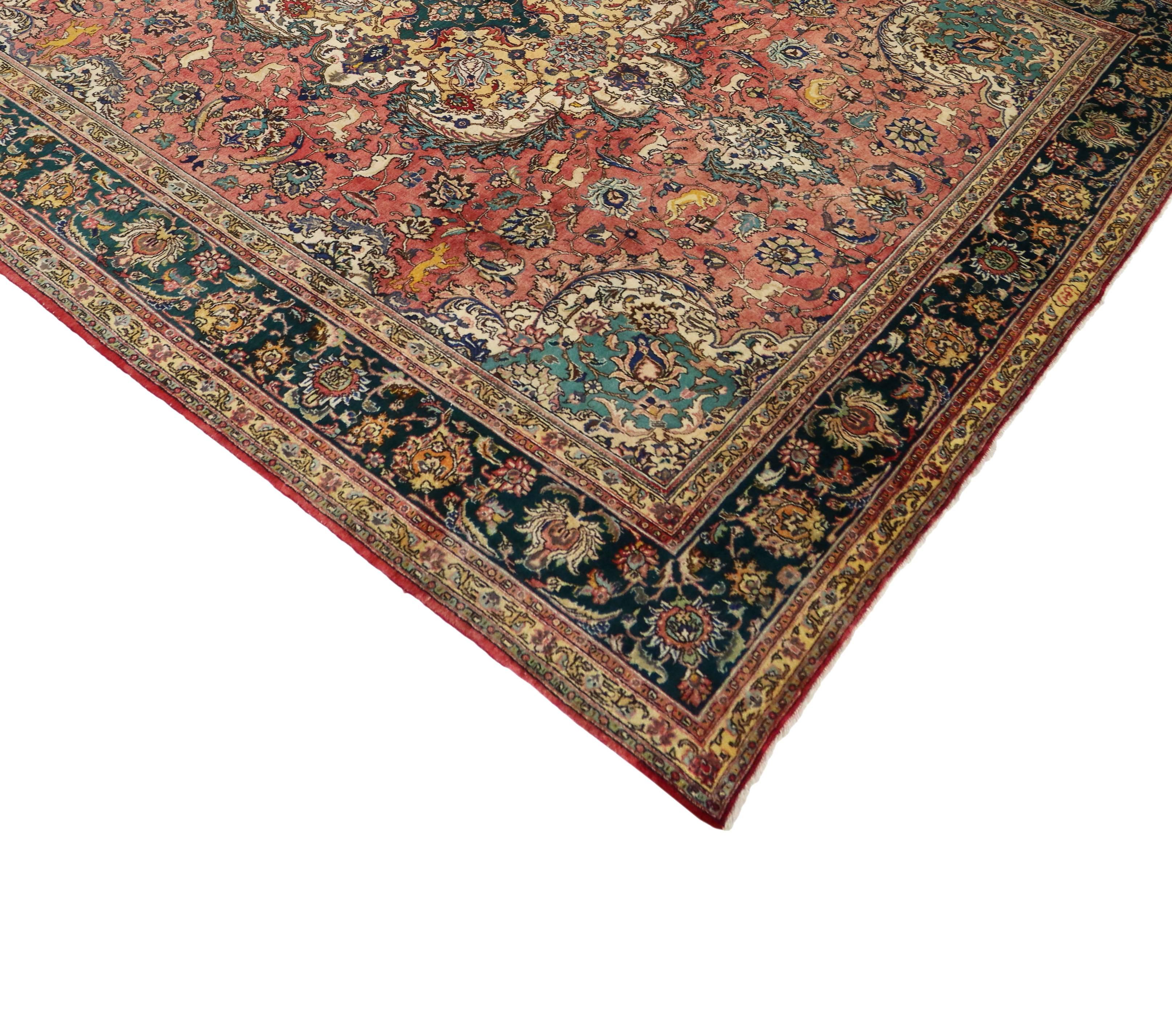 73734 Vintage Persian Tabriz Rug with Medieval Hunting Scene. From cozy casual to manor formal, relish the refinement as this vintage Persian Tabriz rug characterizes the formal grace and elegance of classical Persian style. With its time-softened