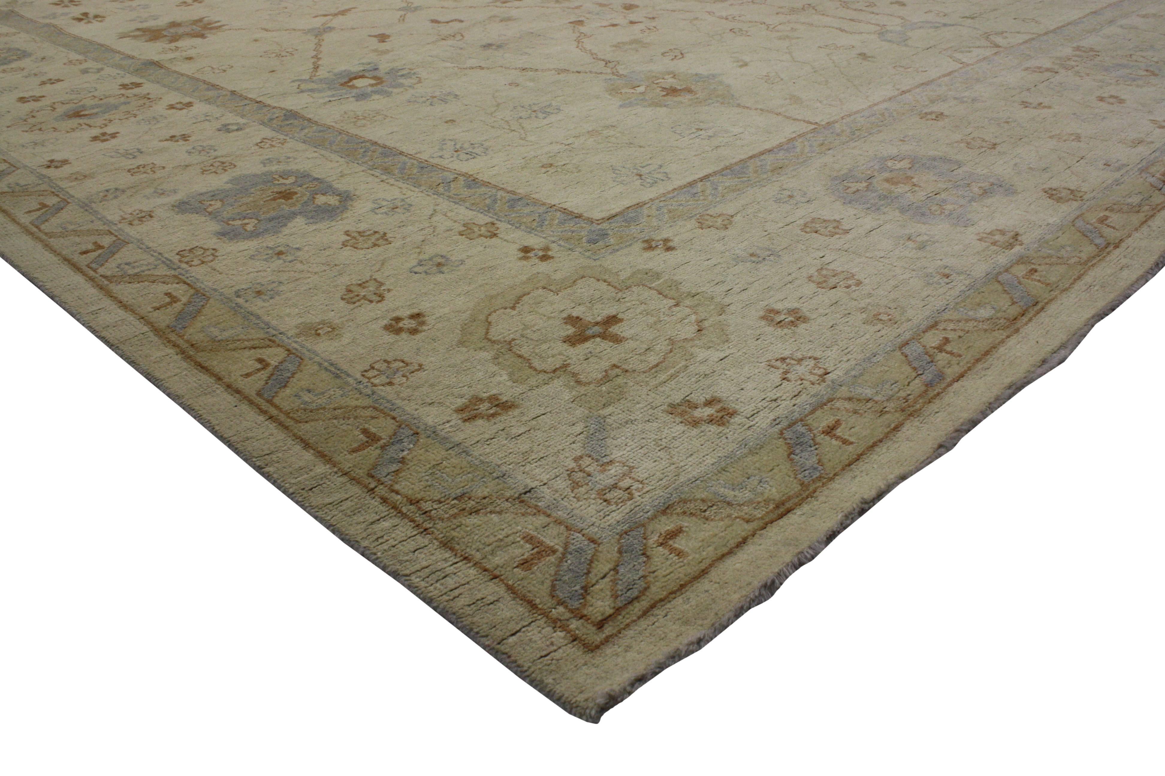 30195 New Contemporary Oushak Area Rug with Coastal Cottage Style 12'00 x 15'06. Blending Coastal Cottage style and elements from the modern world, this hand knotted wool contemporary Oushak rug beautifully balances new and old. It features an all