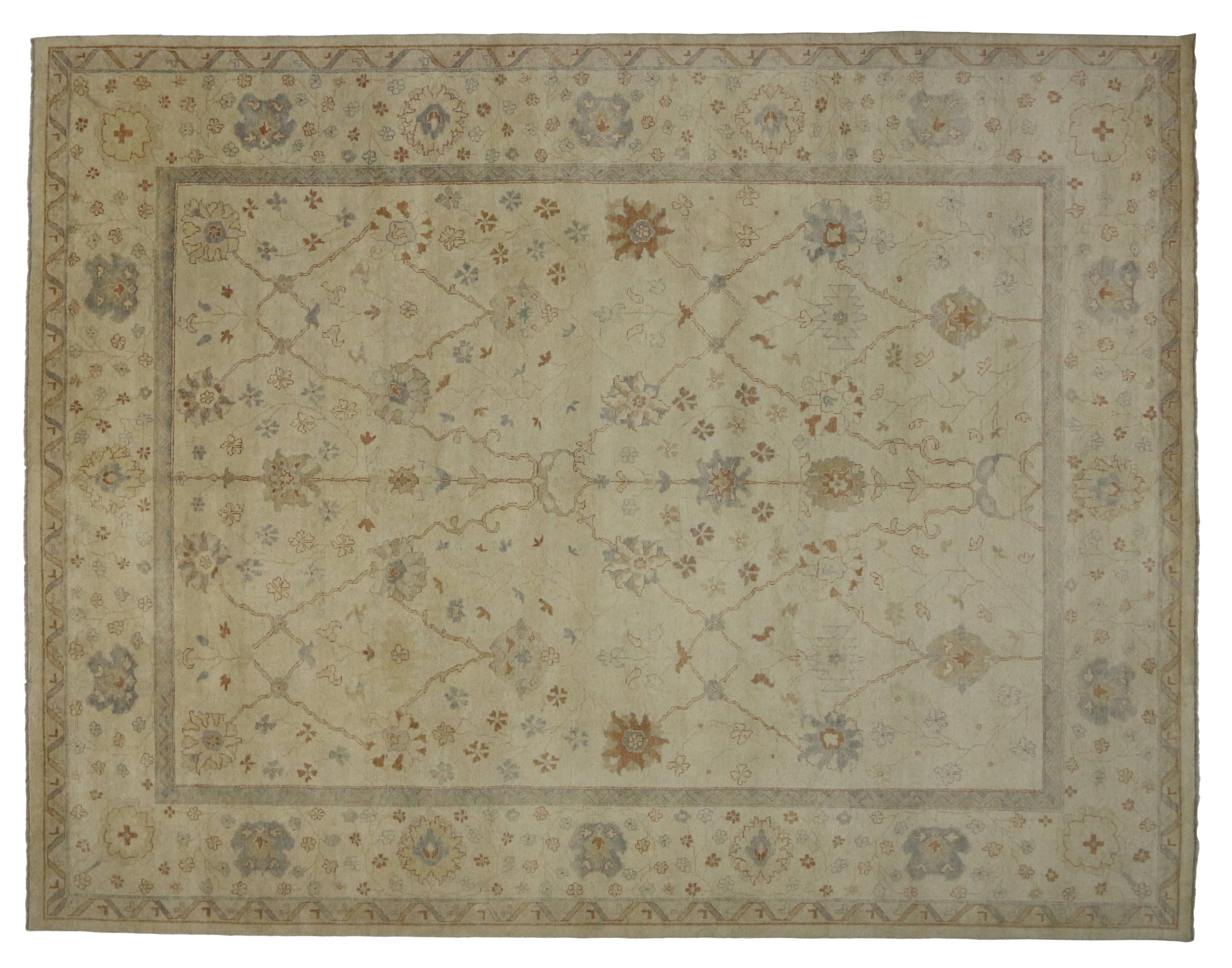 Wool New Contemporary Oushak Area Rug with Coastal Cottage Style