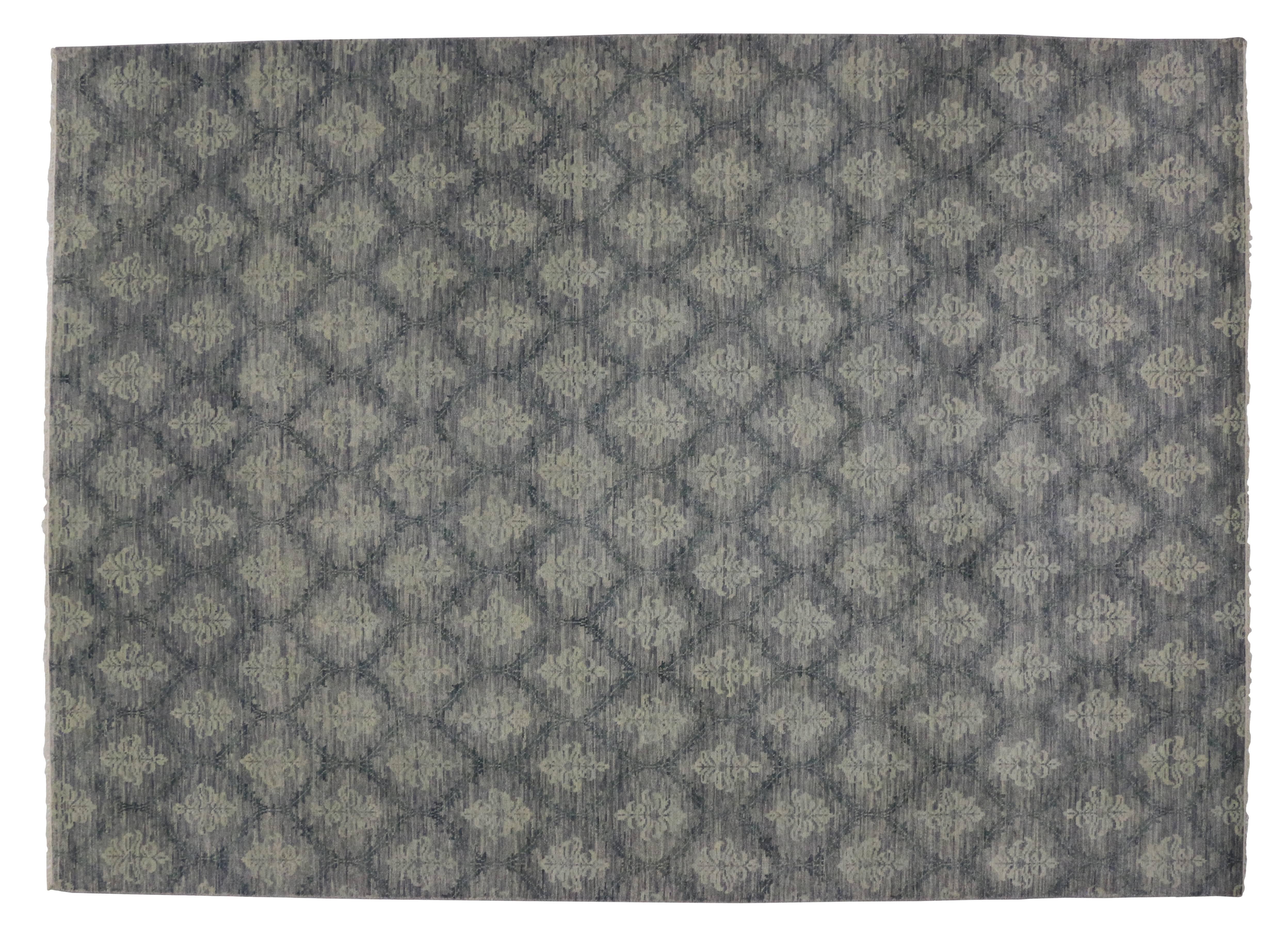 Hand-Knotted New Modern Transitional Damask Area Rug, Contemporary Victorian Damask Rug For Sale