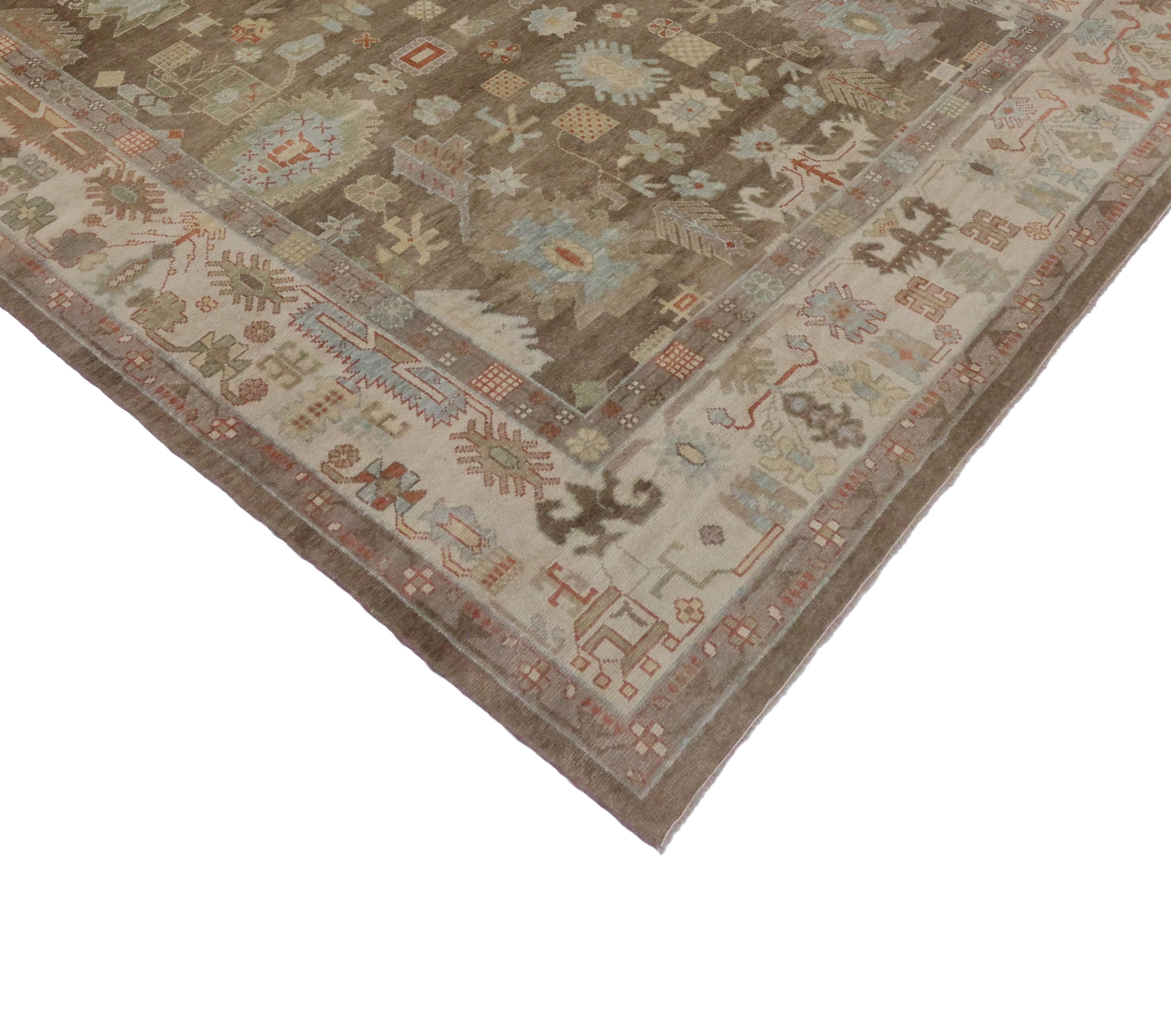 50853 New Contemporary Turkish Oushak Rug with Transitional Style with A Pop of Color 10'00 x 13'01.  Blending elements from the modern world with timeless elegance, this hand knotted wool contemporary Turkish Oushak rug beautifully embodies