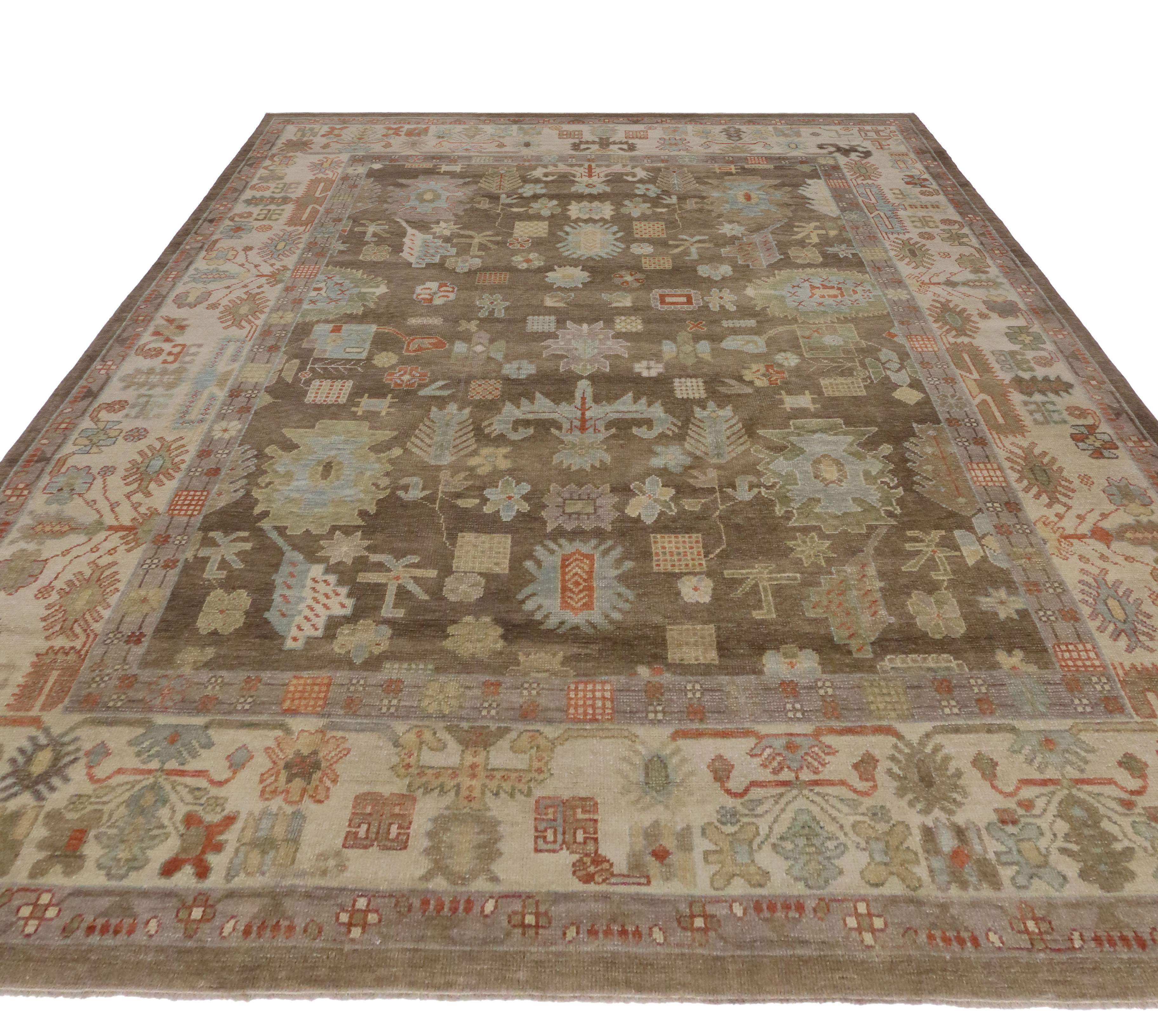 Hand-Knotted New Modern Turkish Oushak Area Rug with Transitional Style with a Pop of Color For Sale