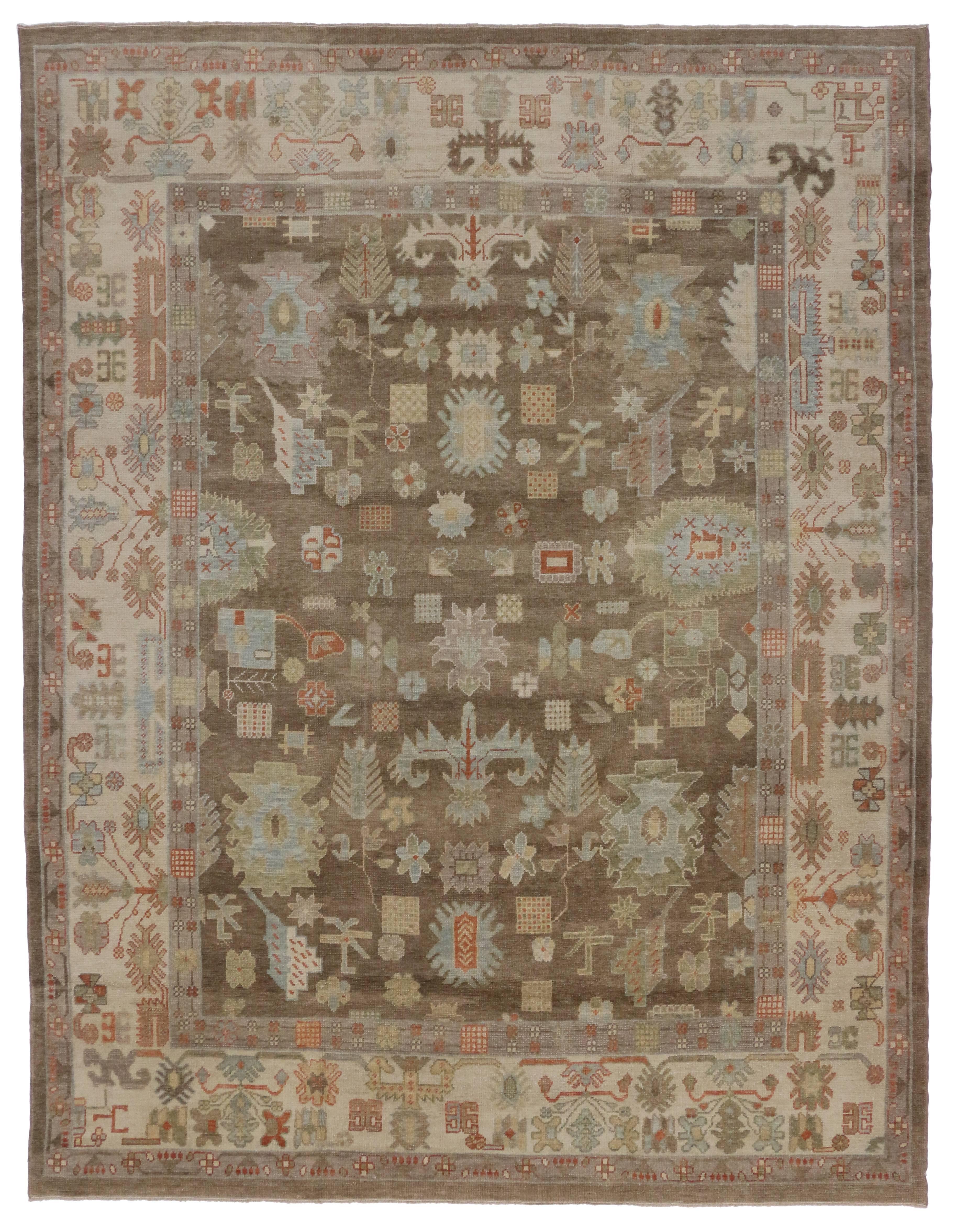 Wool New Modern Turkish Oushak Area Rug with Transitional Style with a Pop of Color For Sale