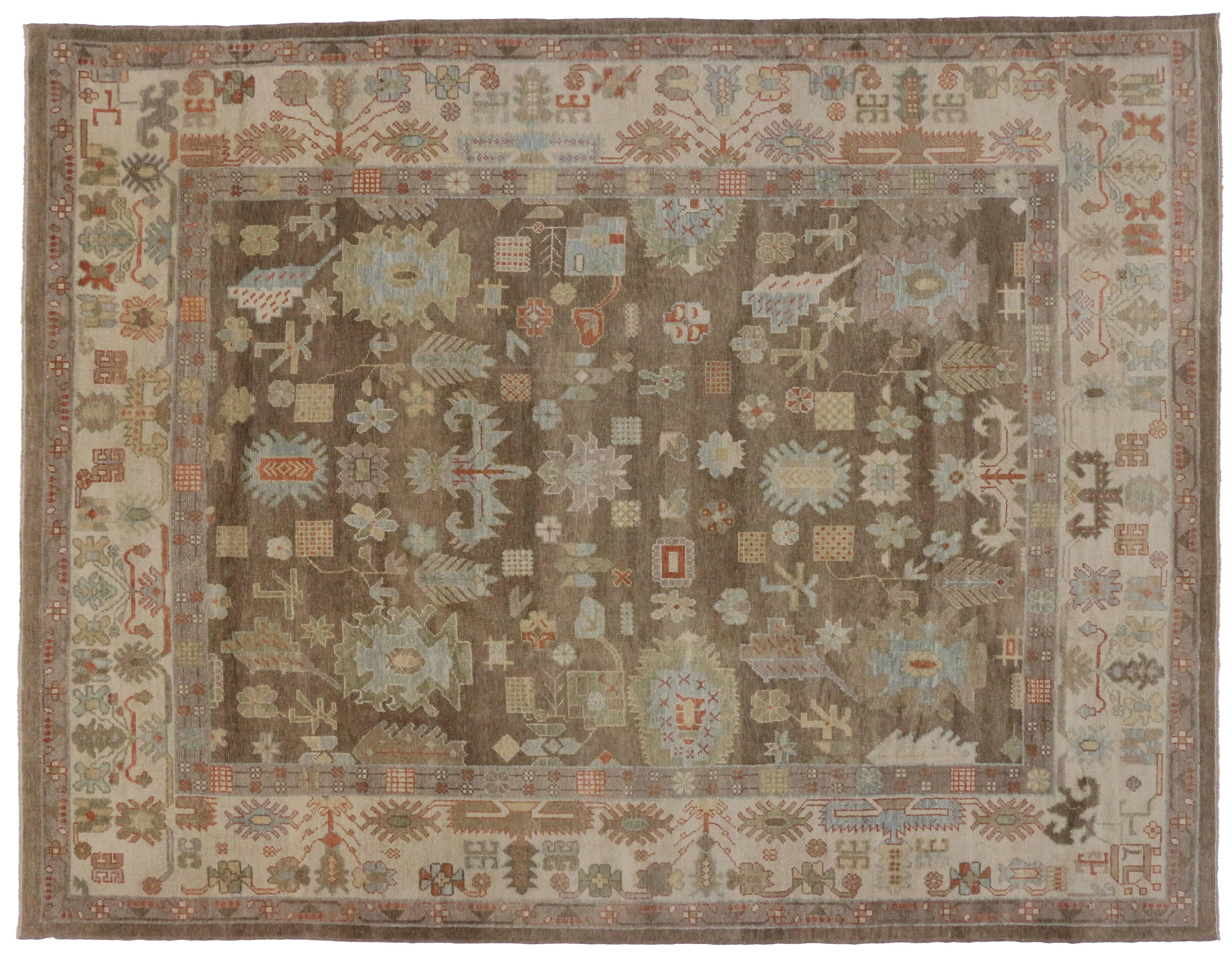 New Modern Turkish Oushak Area Rug with Transitional Style with a Pop of Color For Sale 1