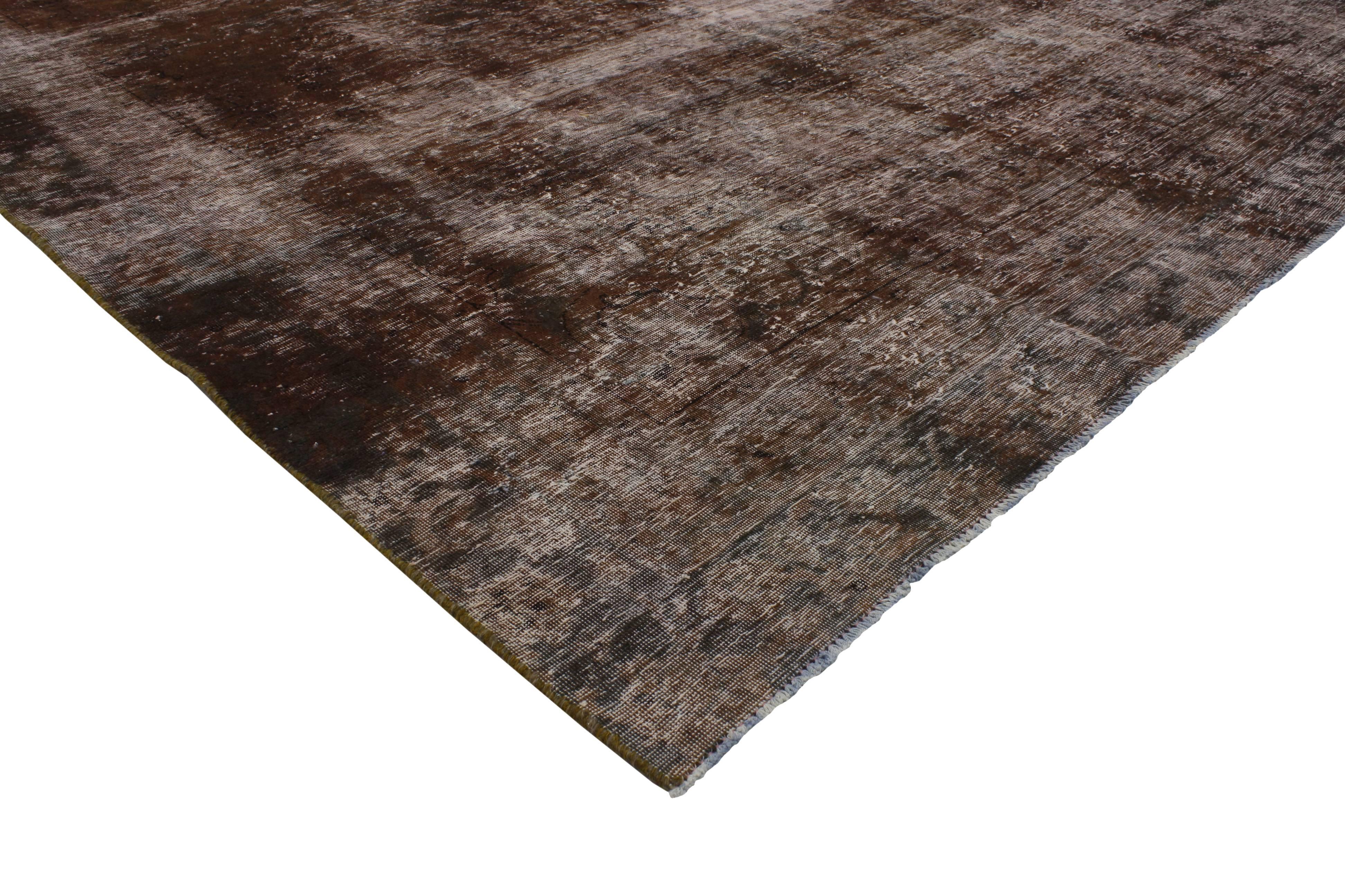 76826 Distressed Antique Persian Tabriz Rug with Modern Industrial Style. Discover the power of modern Industrial style and employ a less-is-more tactic in decorating with this distressed antique Tabriz Persian rug. From the distressed composition