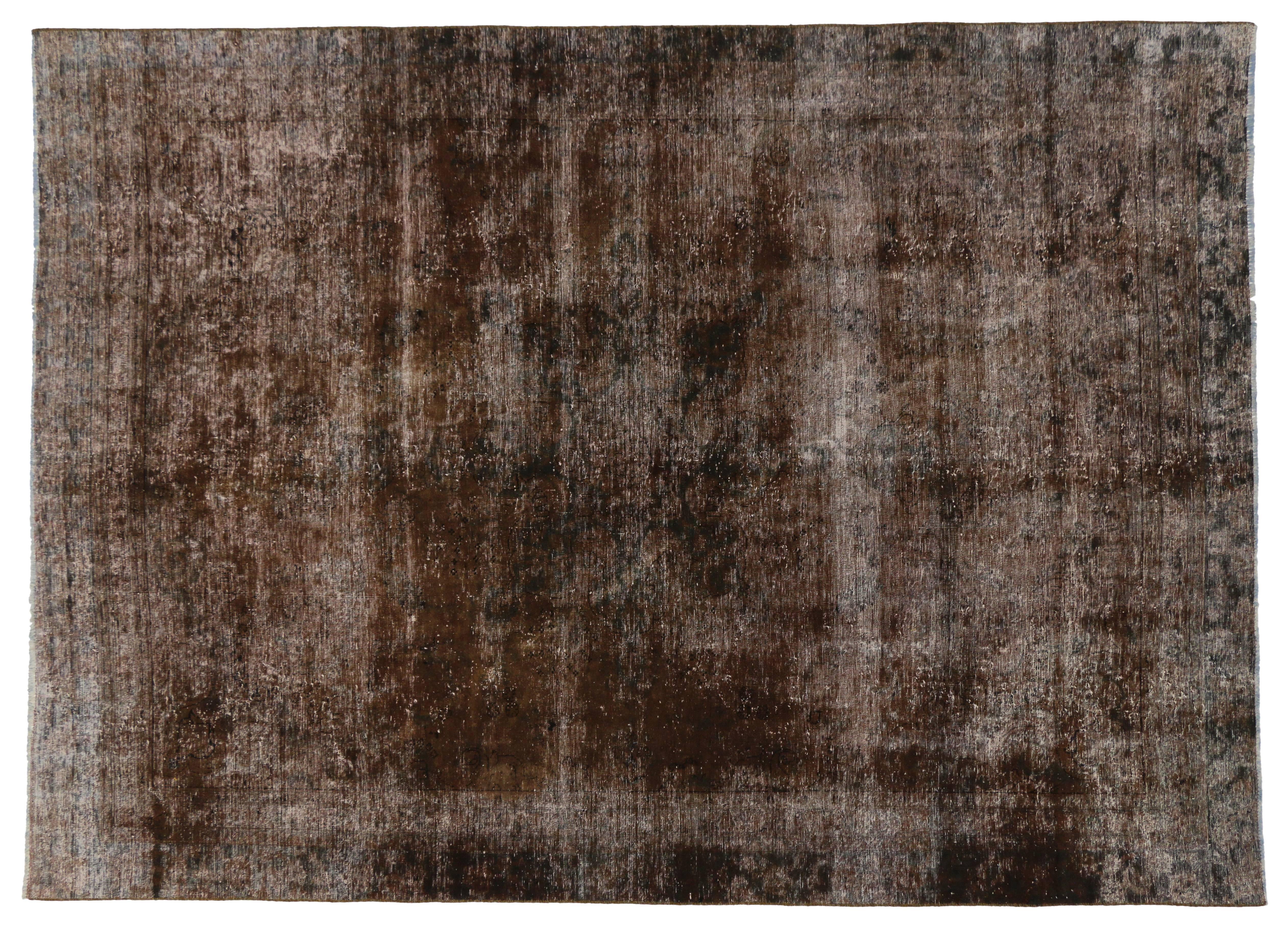 Distressed Antique Persian Overdyed Rug with Modern Rustic Industrial Style In Distressed Condition In Dallas, TX