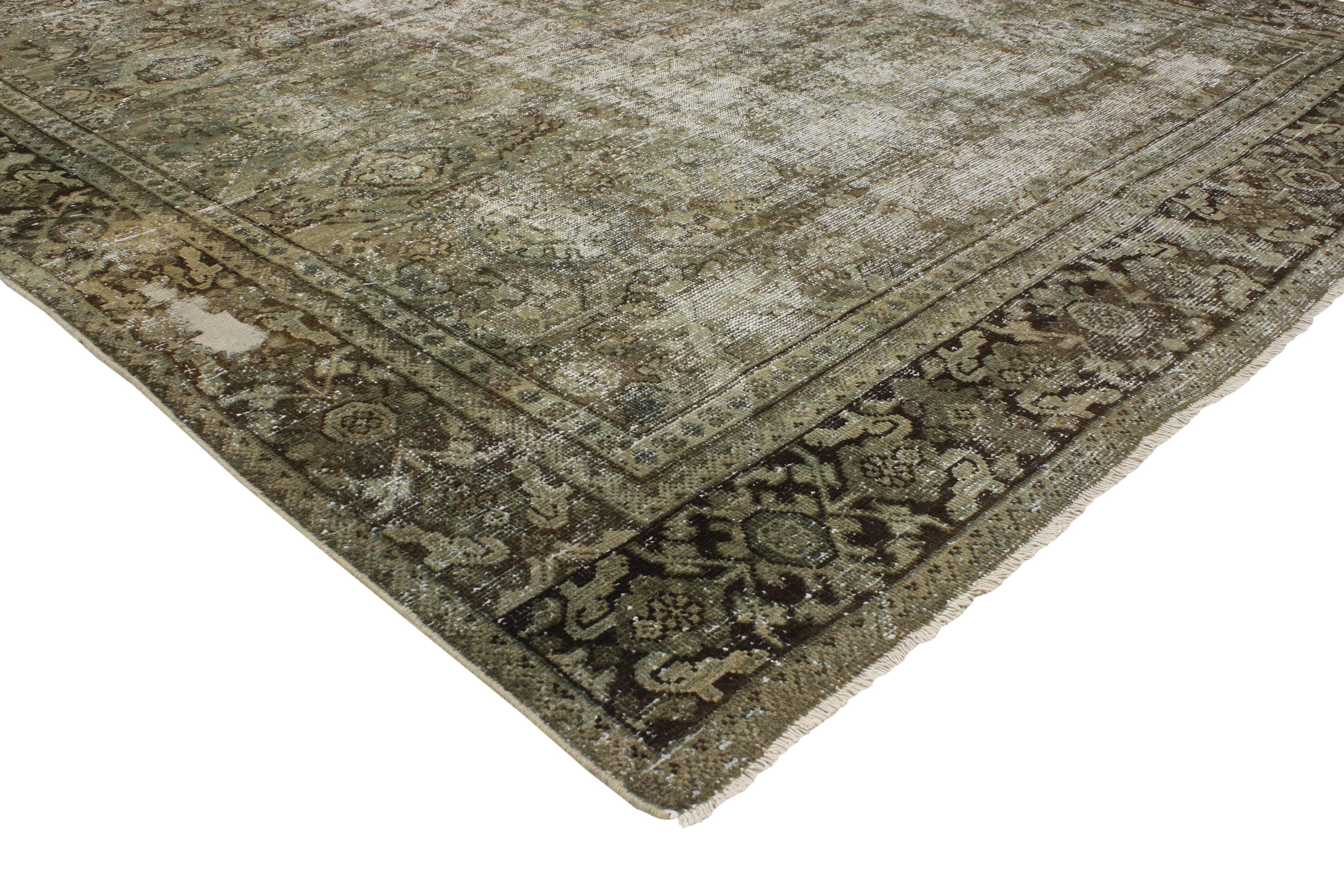 76829 Distressed Antique Persian Mahal Rug with Traditional English Rustic Style 07'04 x 10'04. With its perfectly worn-in charm and rustic sensibility, this hand-knotted wool distressed antique Persian Mahal rug will take on a curated lived-in look