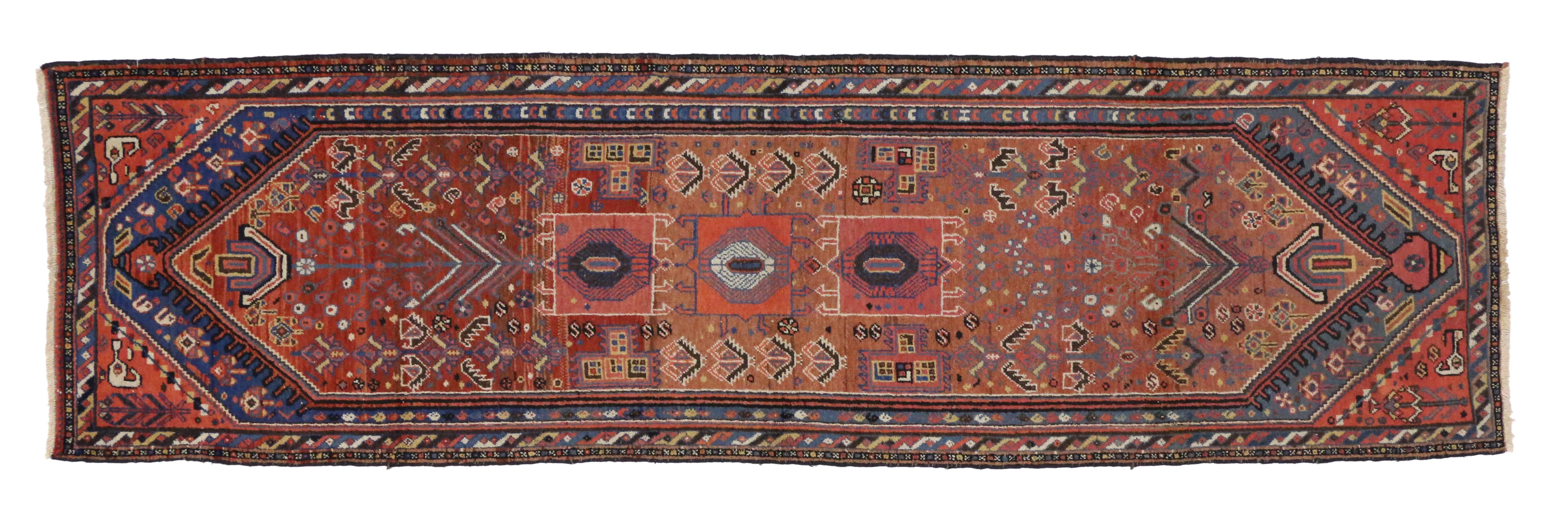 Antique Malayer Persian Runner with Mid-Century Modern Tribal Style In Good Condition In Dallas, TX