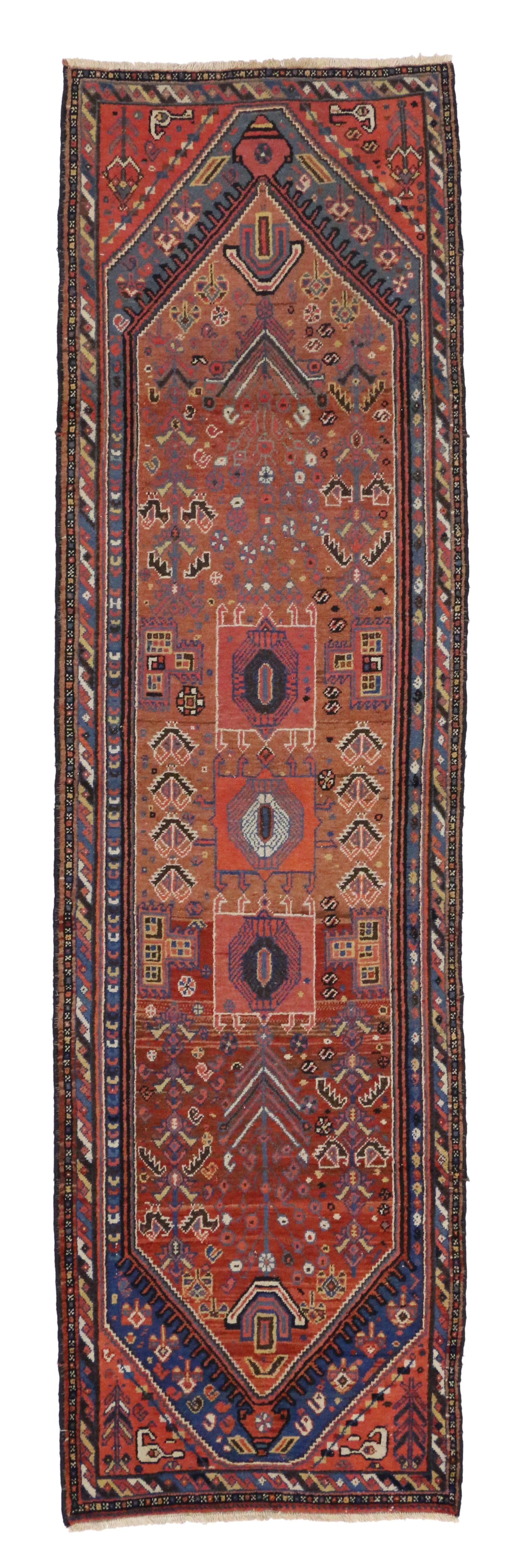 76559 Antique Malayer Persian Runner with Mid-Century Modern Tribal Style. With a Classic design and timeless style, this antique Malayer Persian runner features modern tribal style. With its intimate patina and rich waves of abrash, this antique