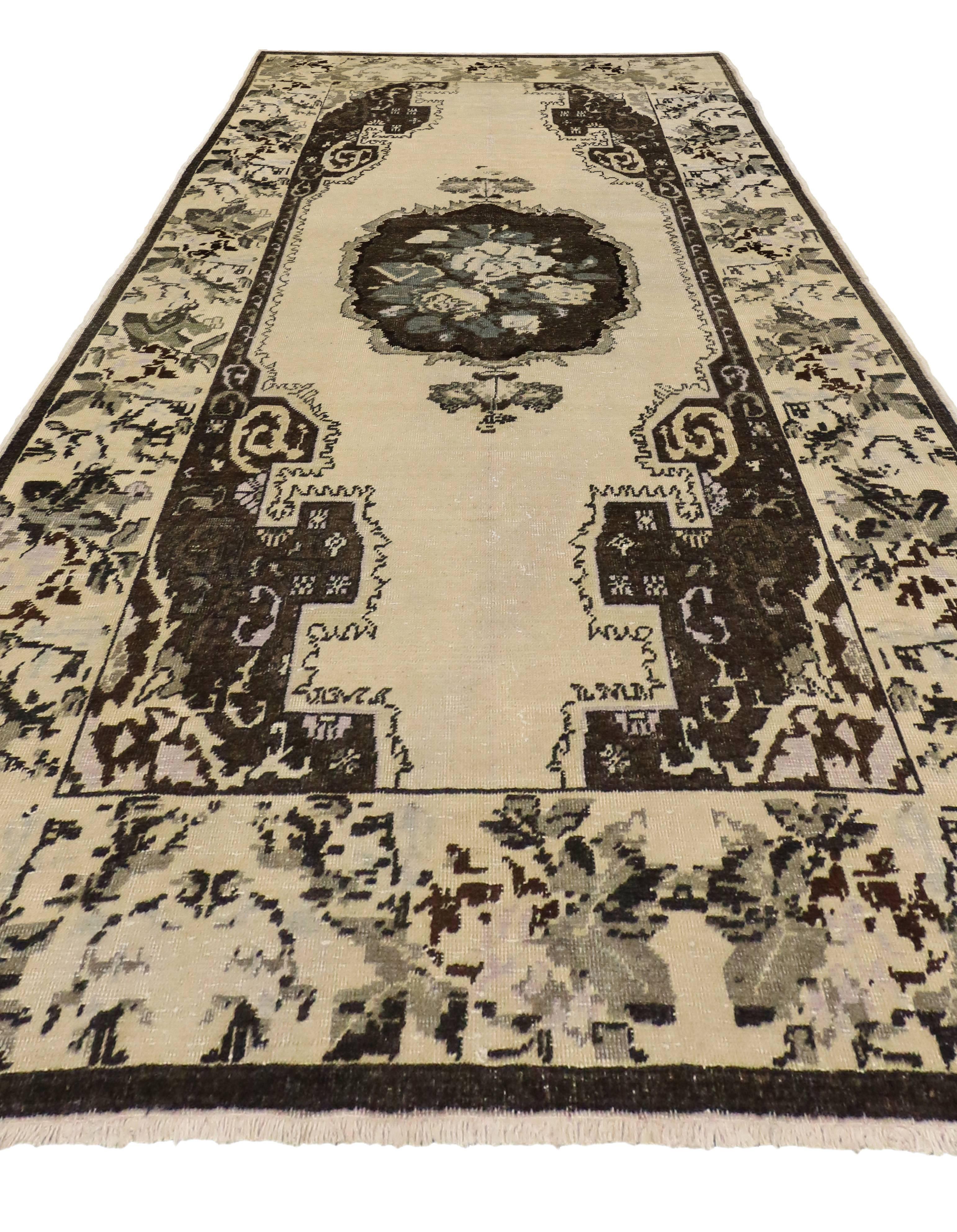Wool Brown and Cream Vintage Turkish Oushak Gallery Rug For Sale