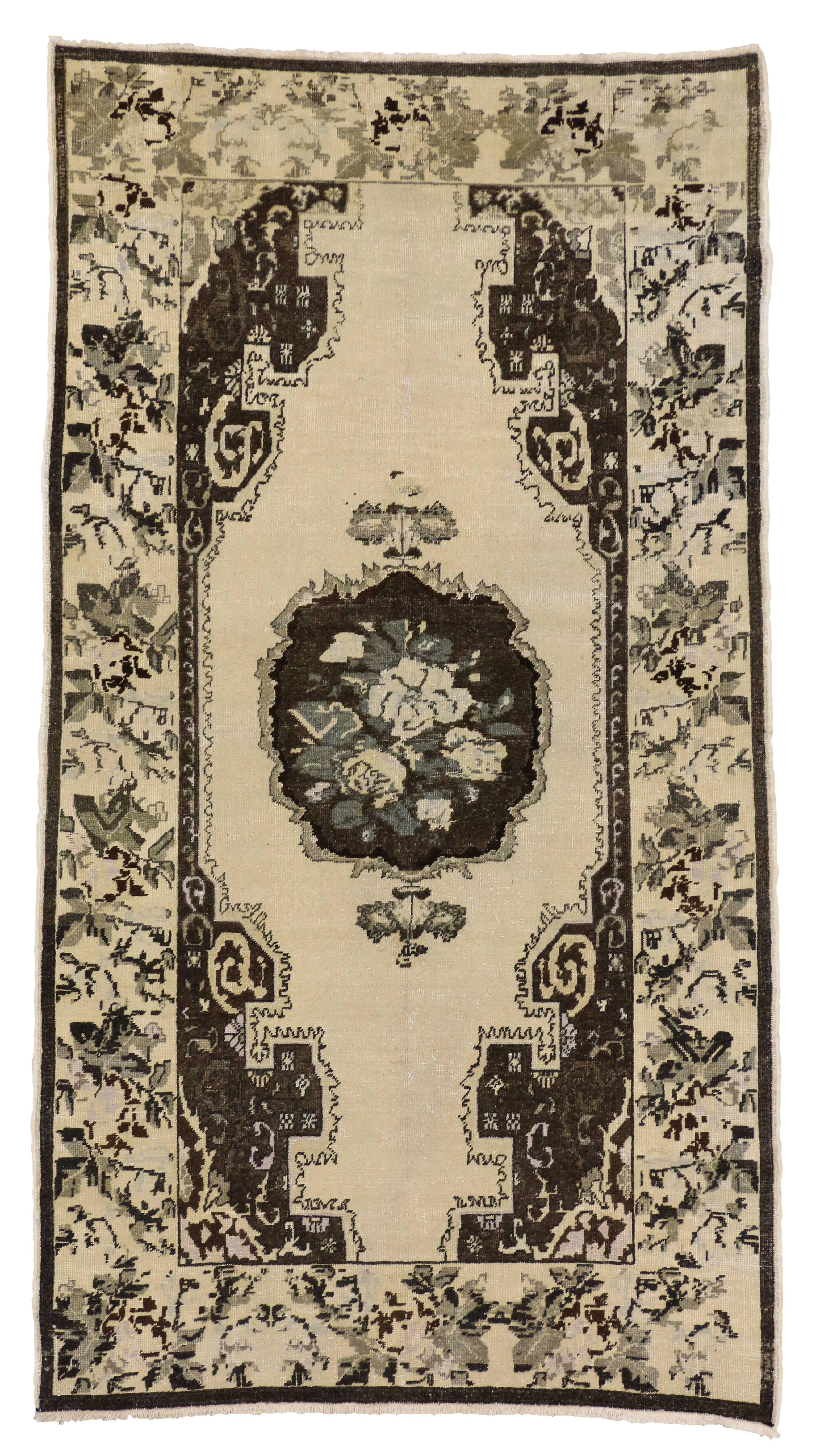 Brown and Cream Vintage Turkish Oushak Gallery Rug In Good Condition For Sale In Dallas, TX