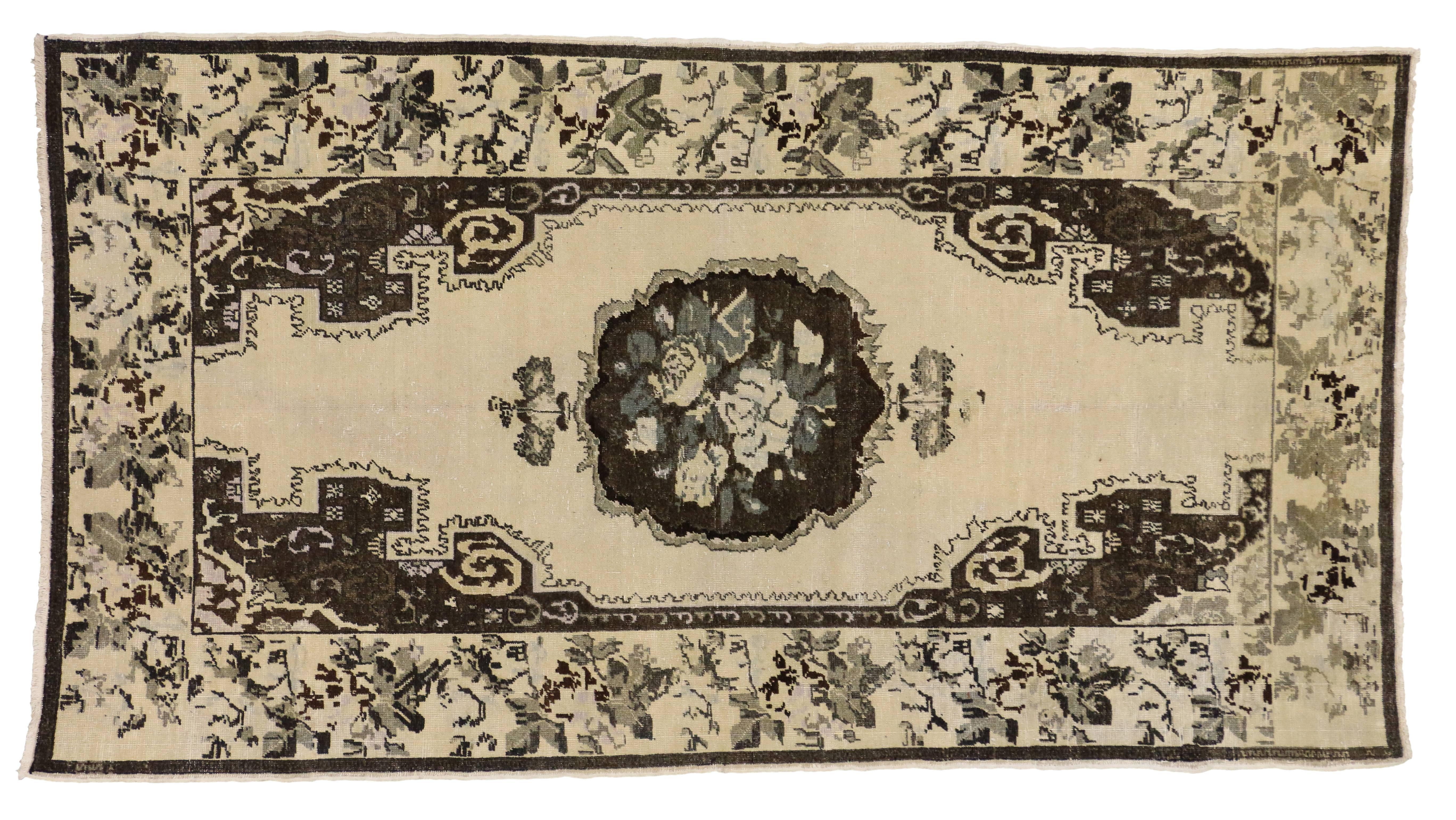 Brown and Cream Vintage Turkish Oushak Gallery Rug For Sale 1