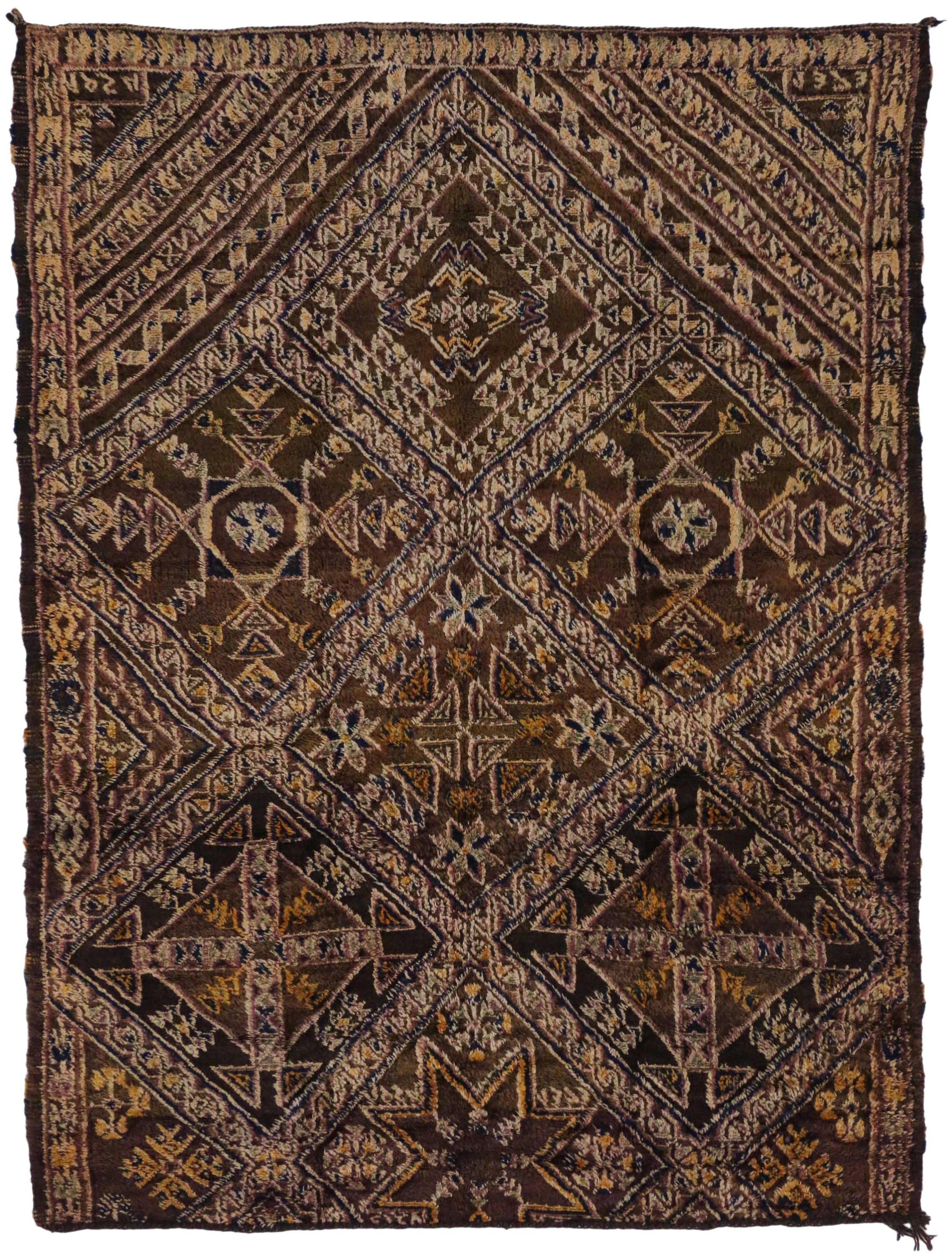 Vintage Chocolate Beni M'Guild Moroccan Rug with Biophilic Design Tribal Style In Good Condition In Dallas, TX