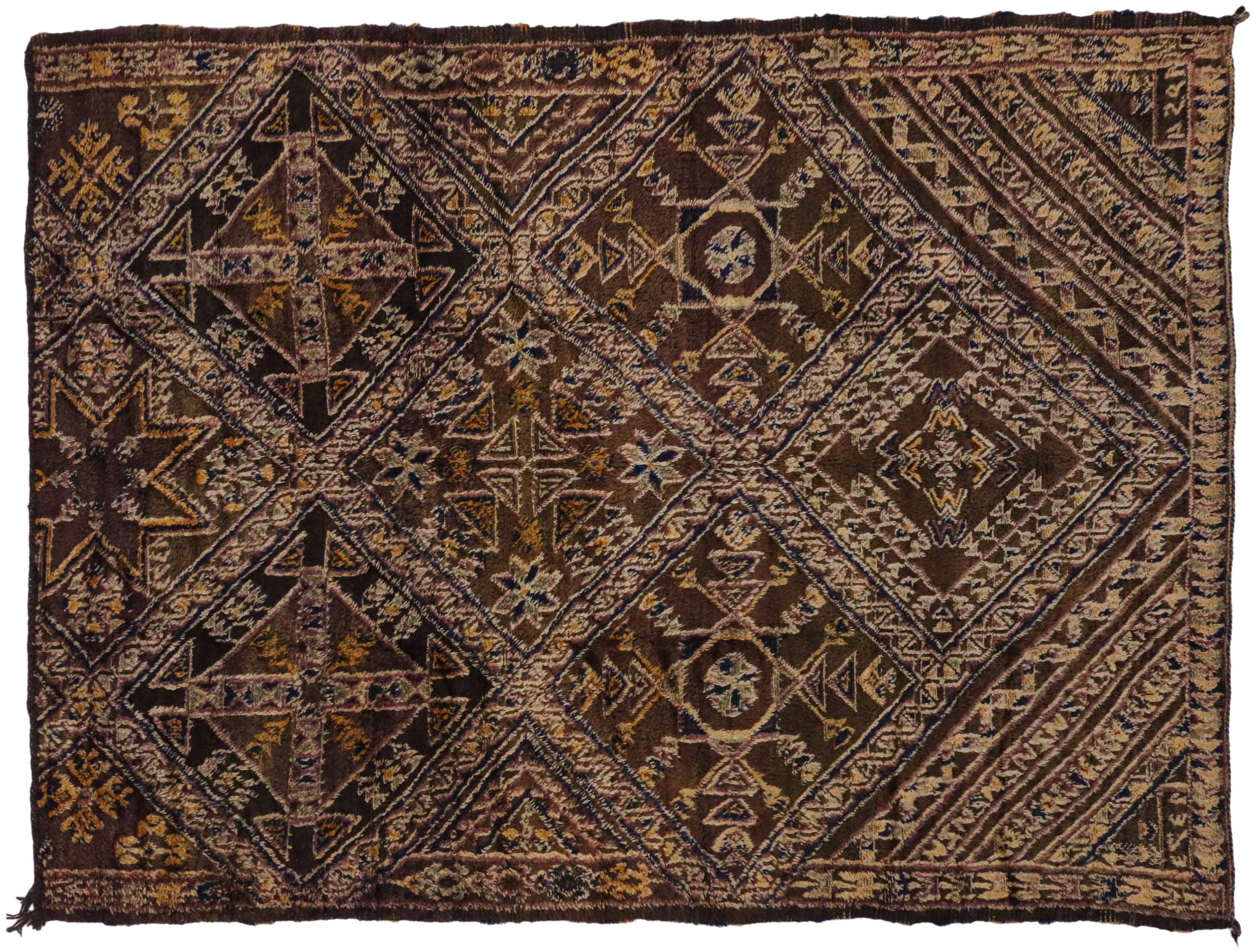 20th Century Vintage Chocolate Beni M'Guild Moroccan Rug with Biophilic Design Tribal Style