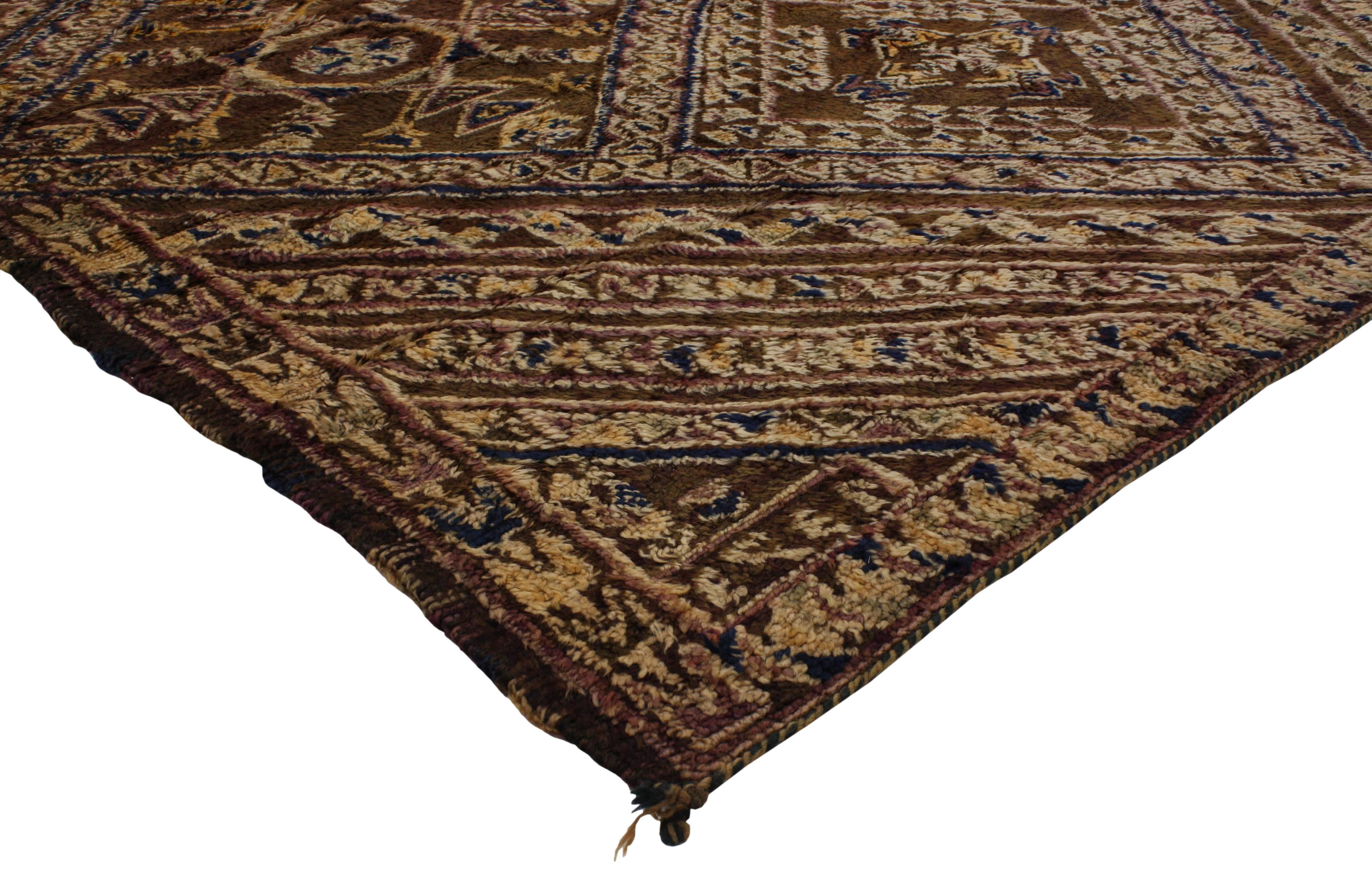 20121 Vintage Chocolate Beni M'Guild Moroccan Rug with Biophilic Design and Tribal Style, Brown Berber Moroccan Rug. With architectural biophilia elements combined naturalistic forms, this hand knotted wool vintage Beni M'Guild rug embodies