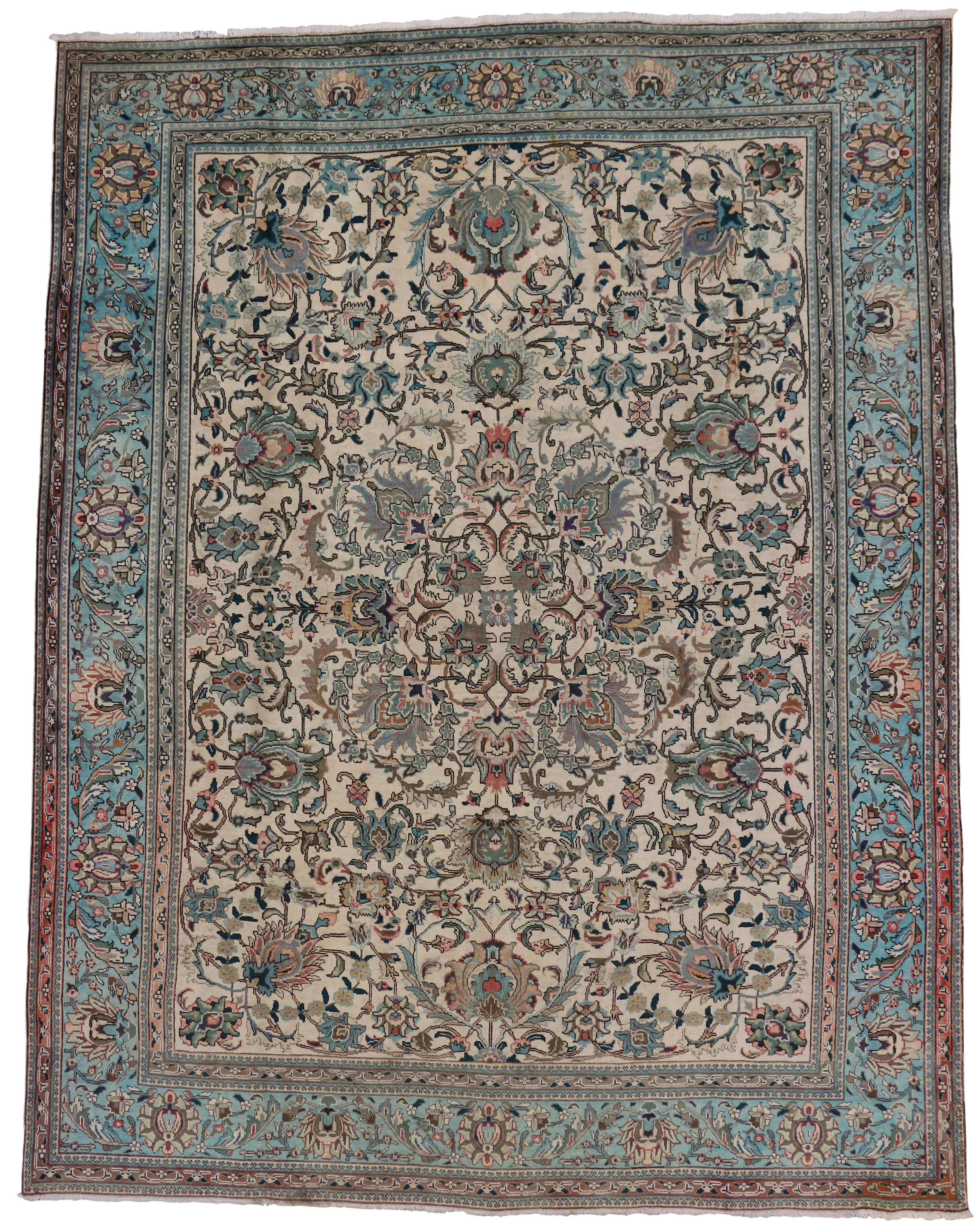 Wool Vintage Light Blue Persian Tabriz Rug with Hampton's Chic Style