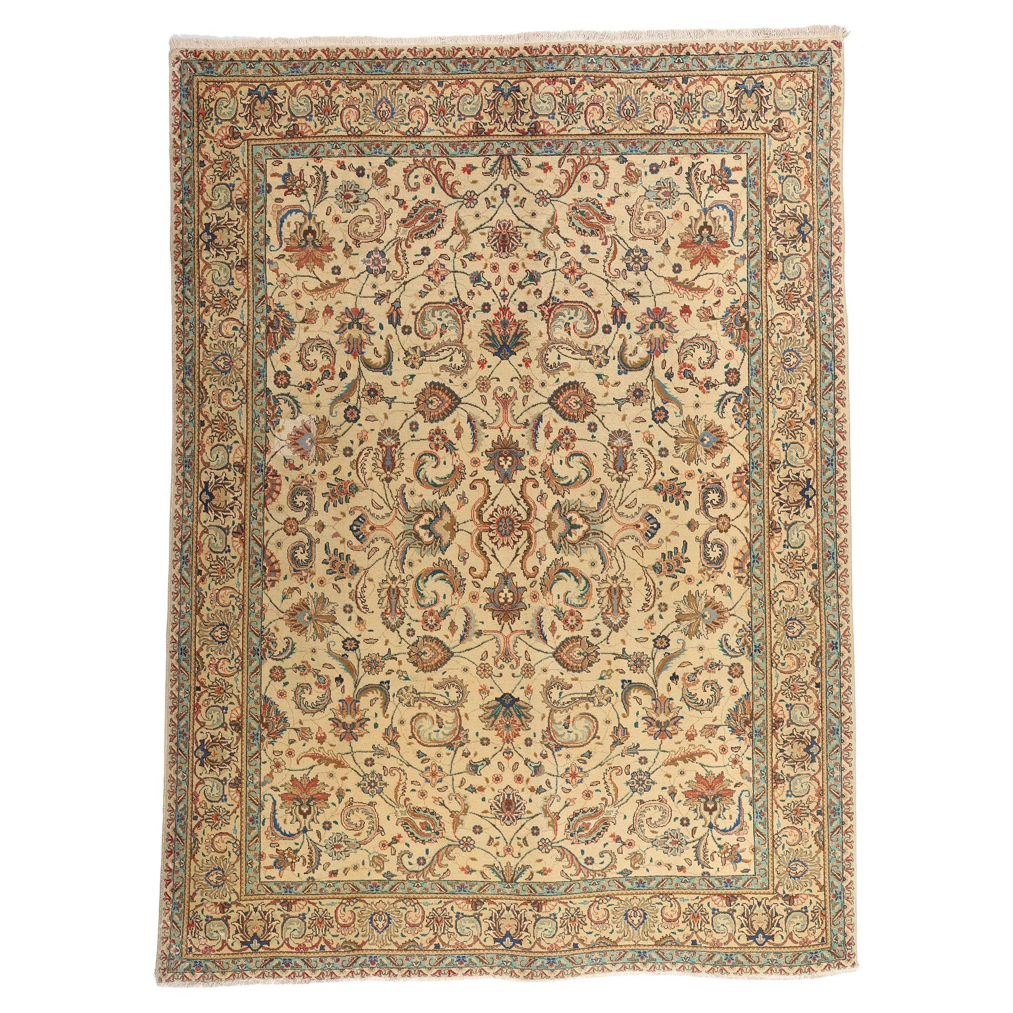 Tappeto persiano vintage Tabriz con stile rustico francese Chippendale Farmhouse