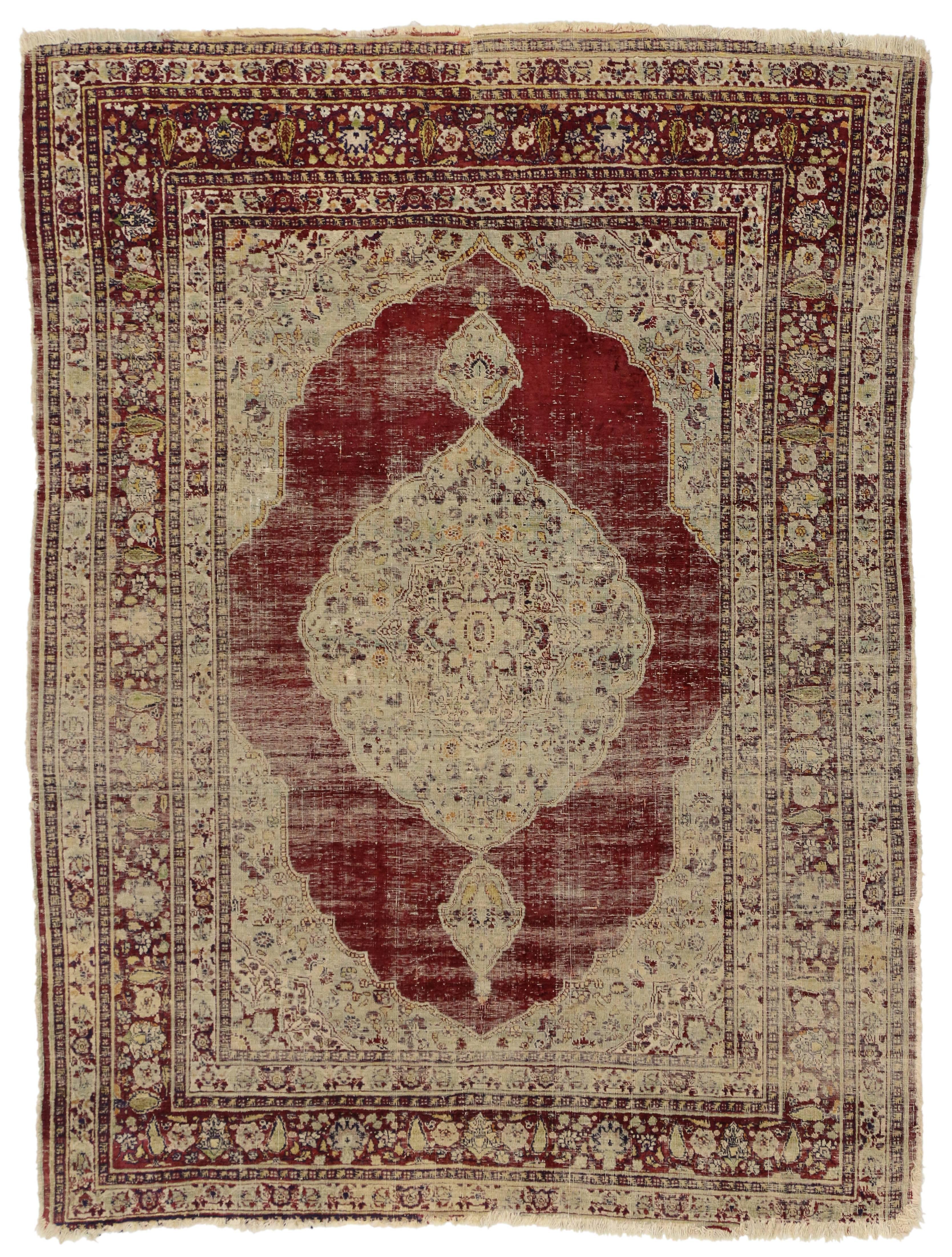 Distressed Vintage Persian Silk Tabriz Rug with Modern Industrial Style For Sale 1