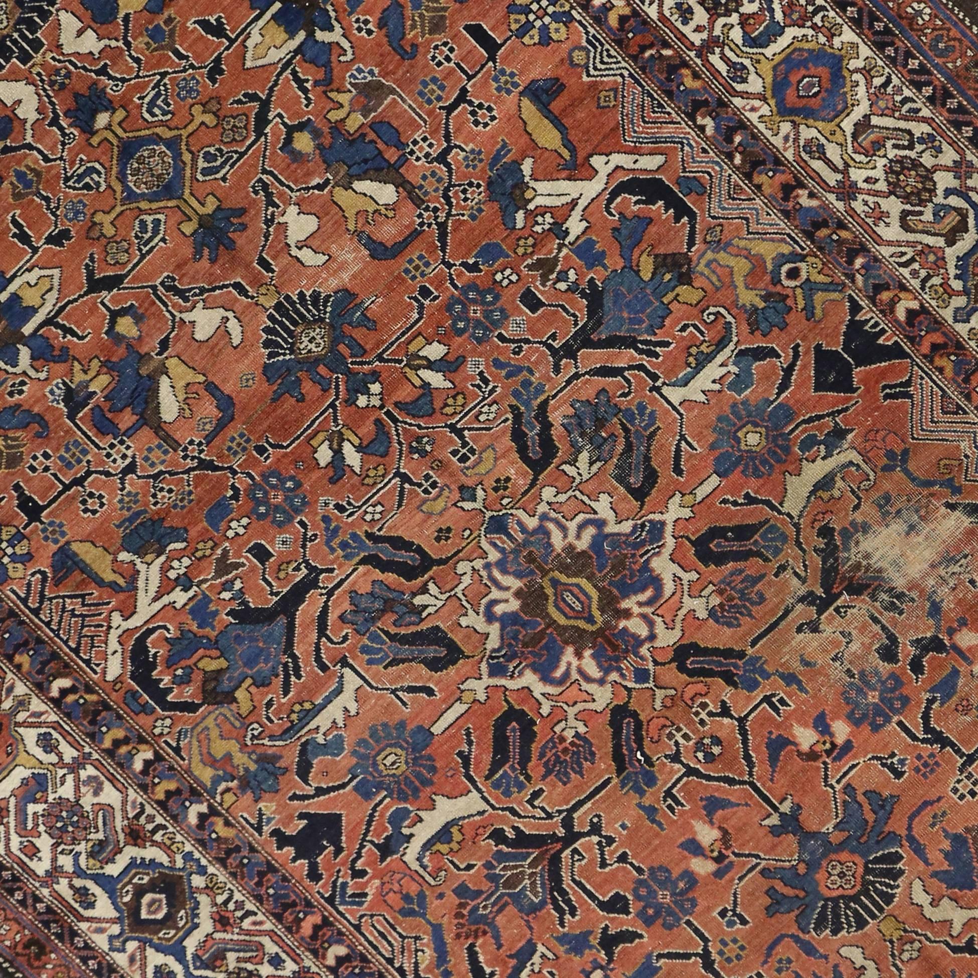 Hand-Knotted Distressed Antique Persian Bijar Rug with Modern Rustic Style For Sale