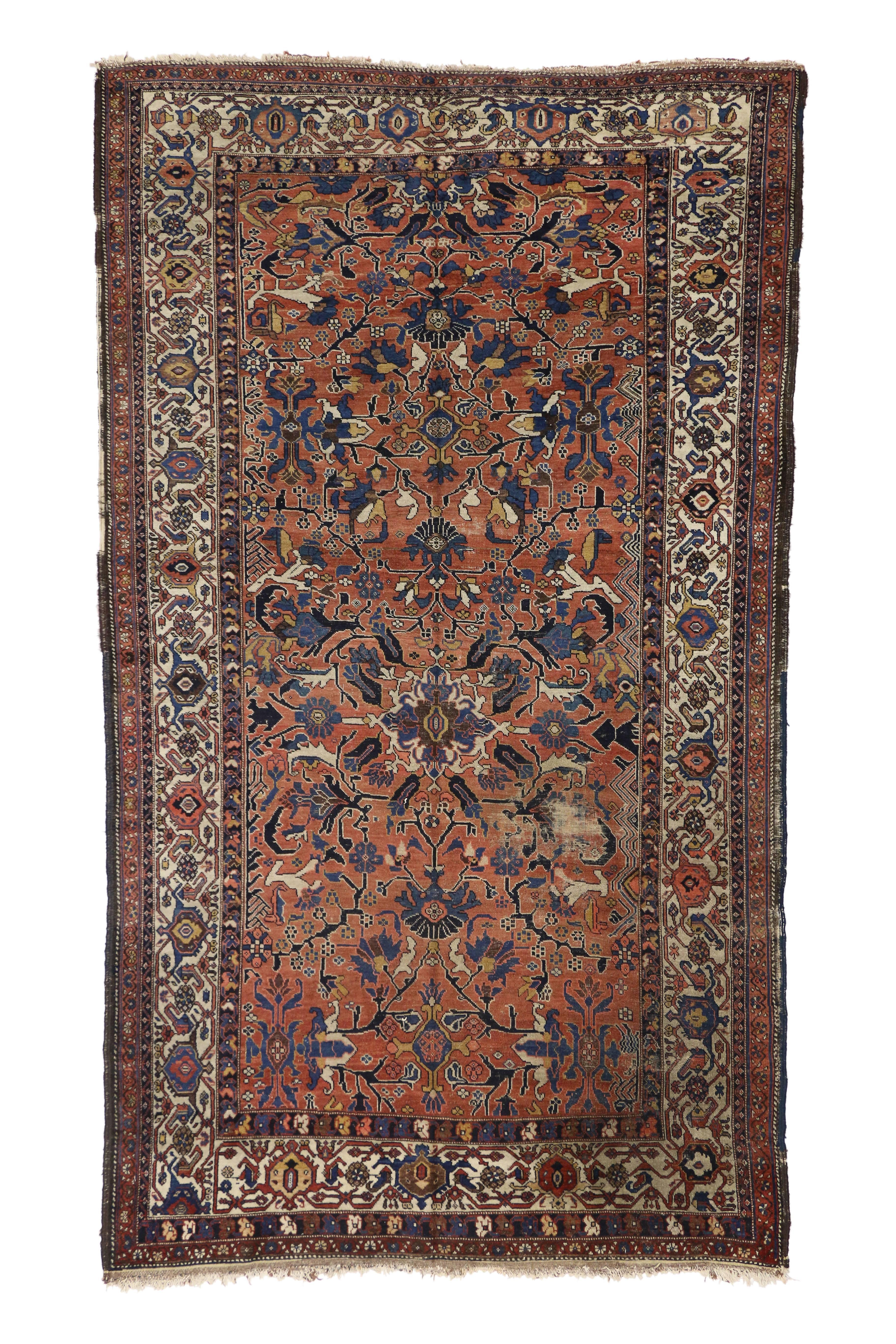 20th Century Distressed Antique Persian Bijar Rug with Modern Rustic Style For Sale