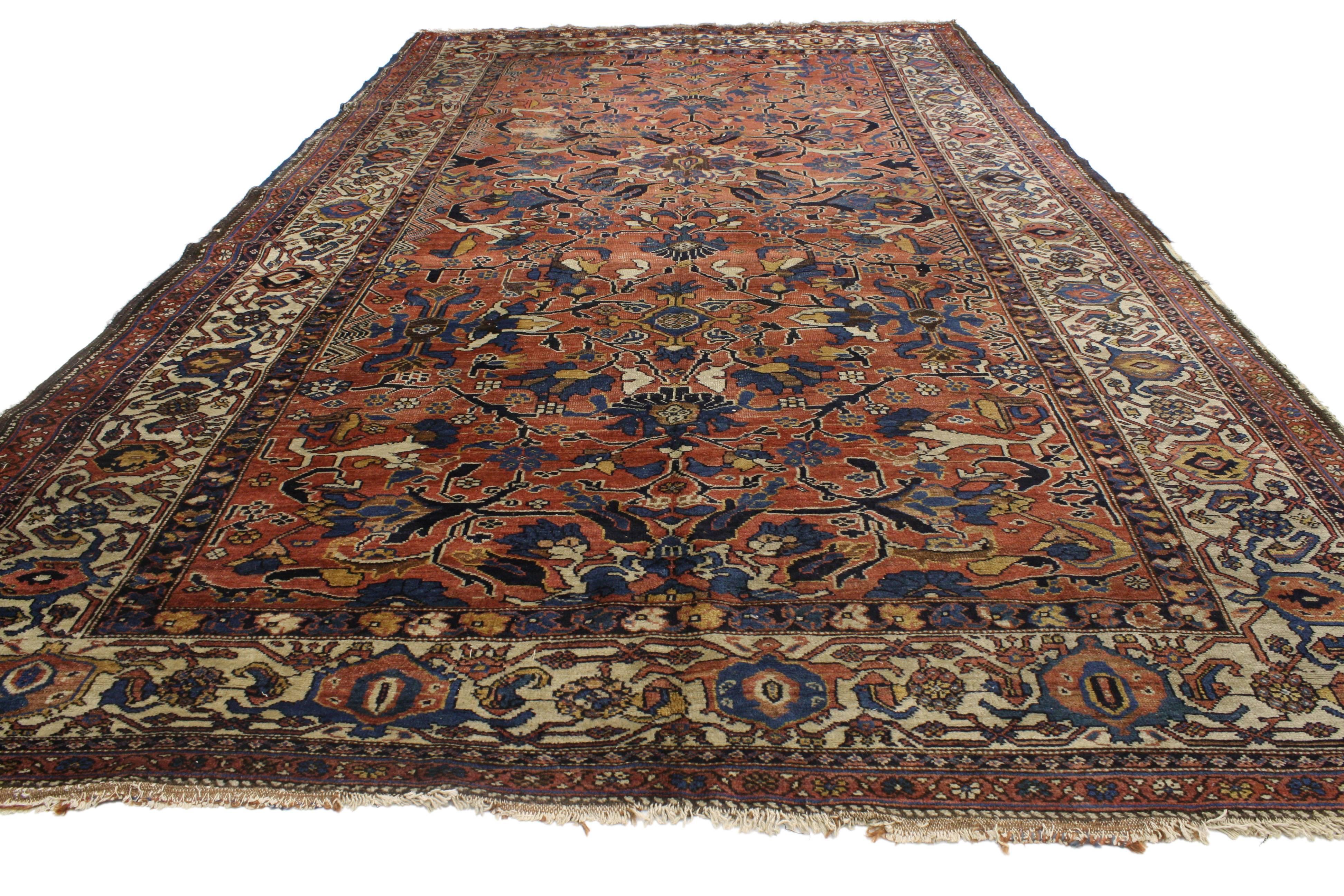 Indian Distressed Antique Persian Bijar Rug with Modern Rustic Style For Sale