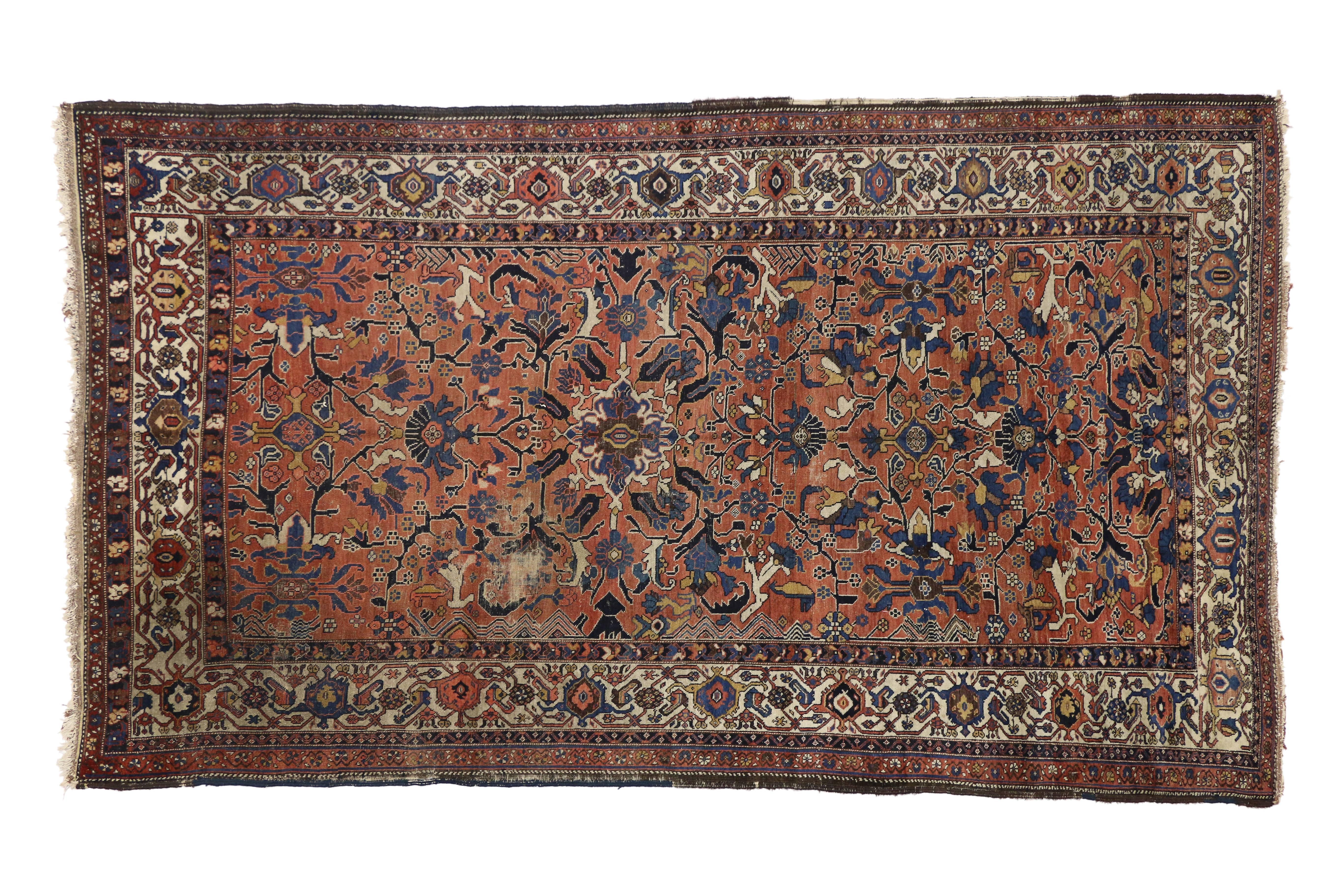 Wool Distressed Antique Persian Bijar Rug with Modern Rustic Style For Sale