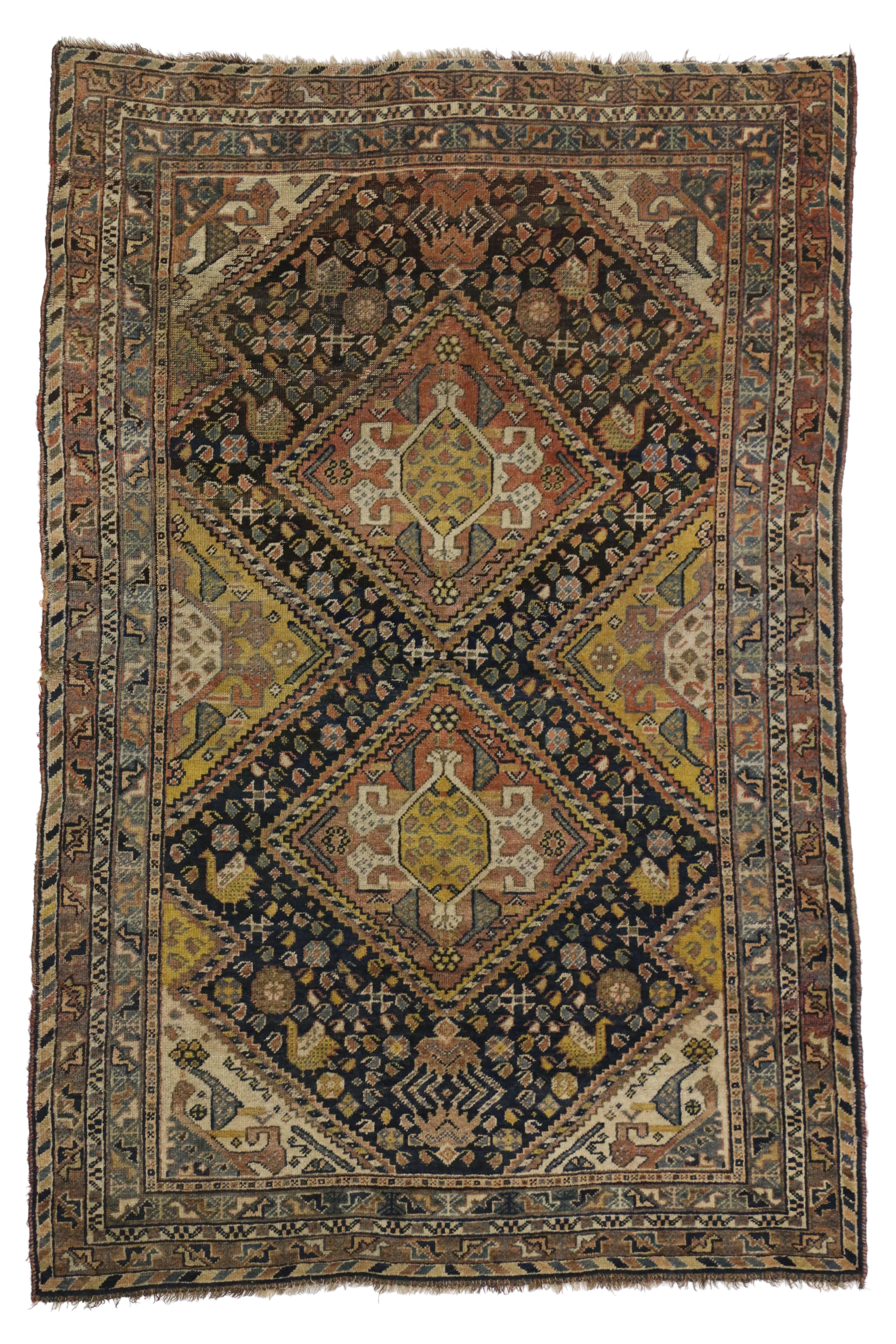 Wool Antique Shiraz Persian Rug with Modern Tribal Style For Sale