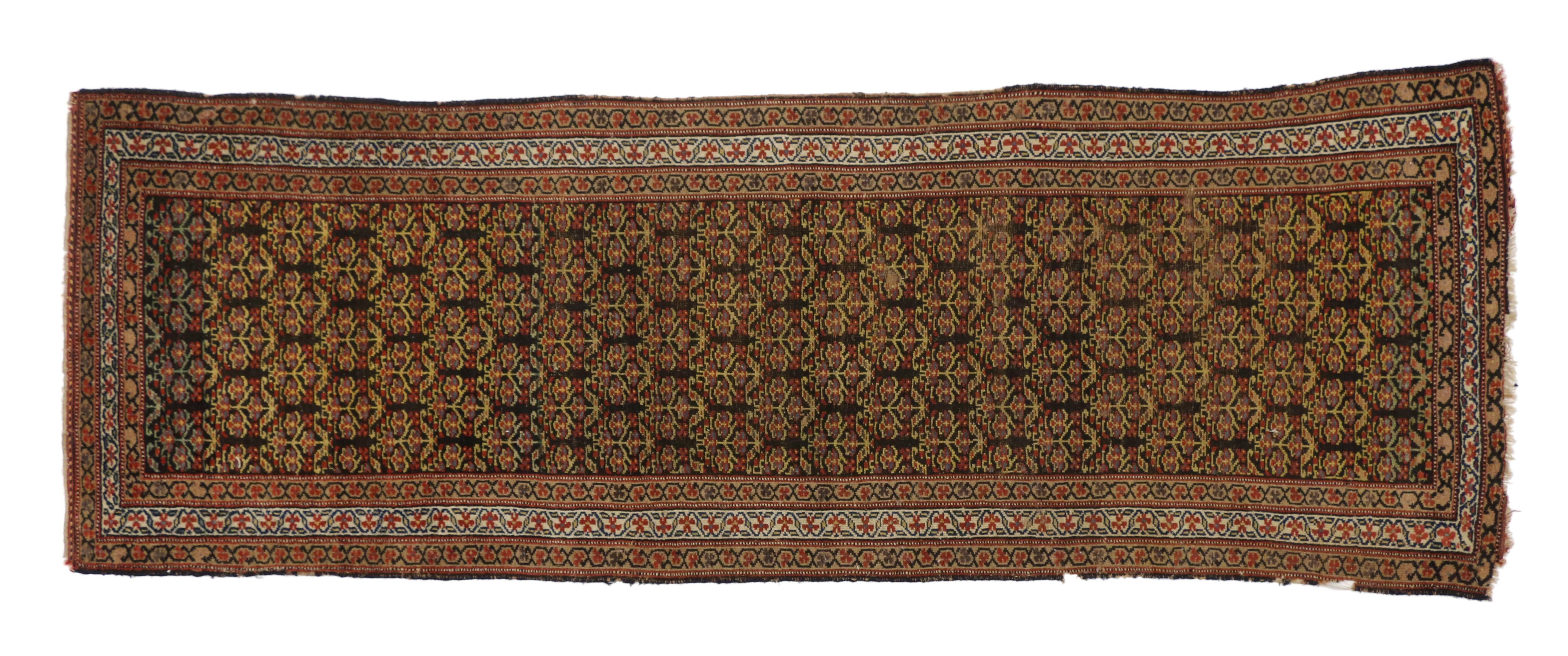 76957, antique Persian Malayer runner with traditional modern style. With its traditional modern style and warm color palette, this antique Persian Malayer runner displays an all-over repeating Herati pattern. Rendered in variegated shades of brown,
