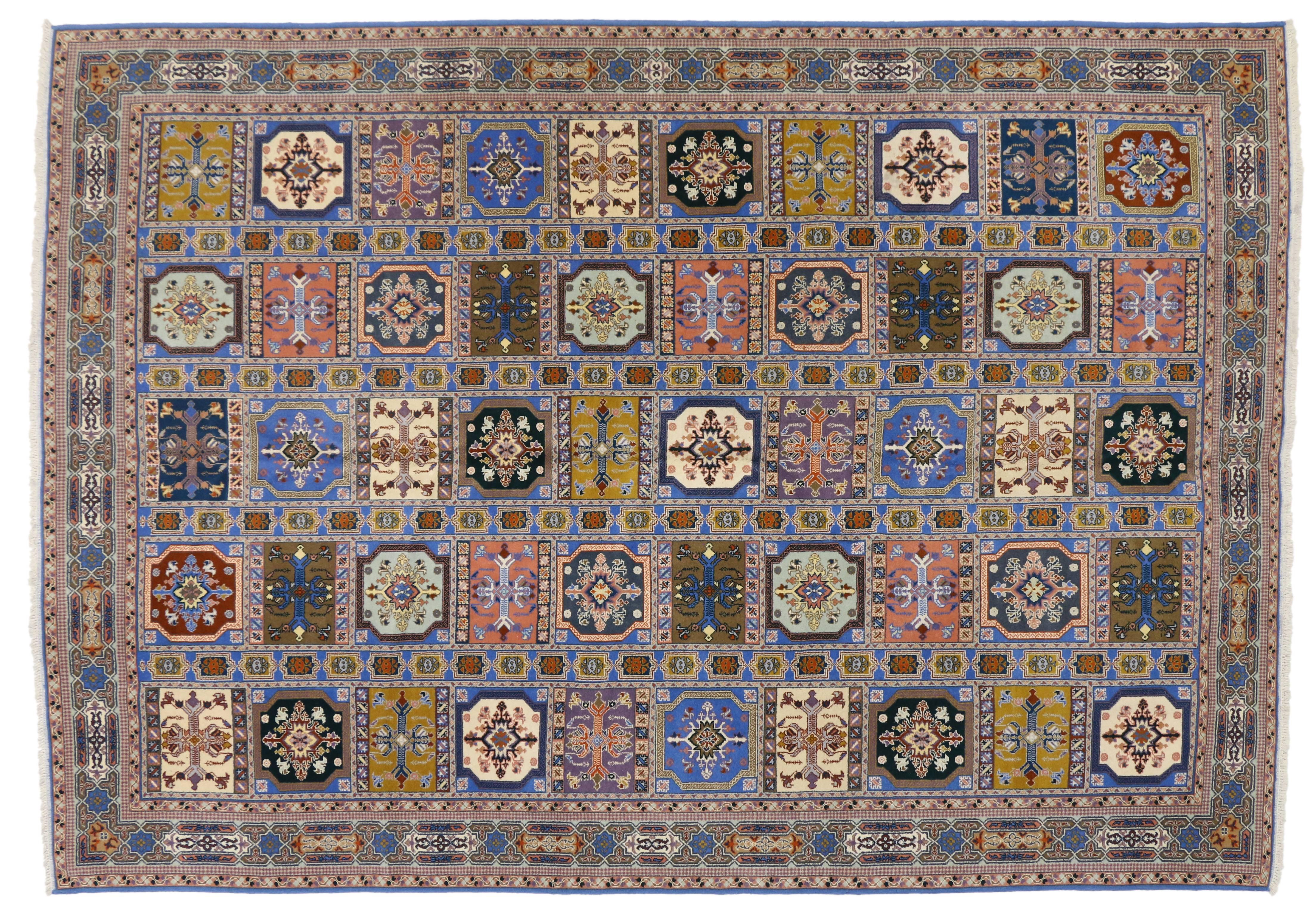 Hand-Knotted Vintage Rabat Moroccan Rug with Anatolian Compartment Design