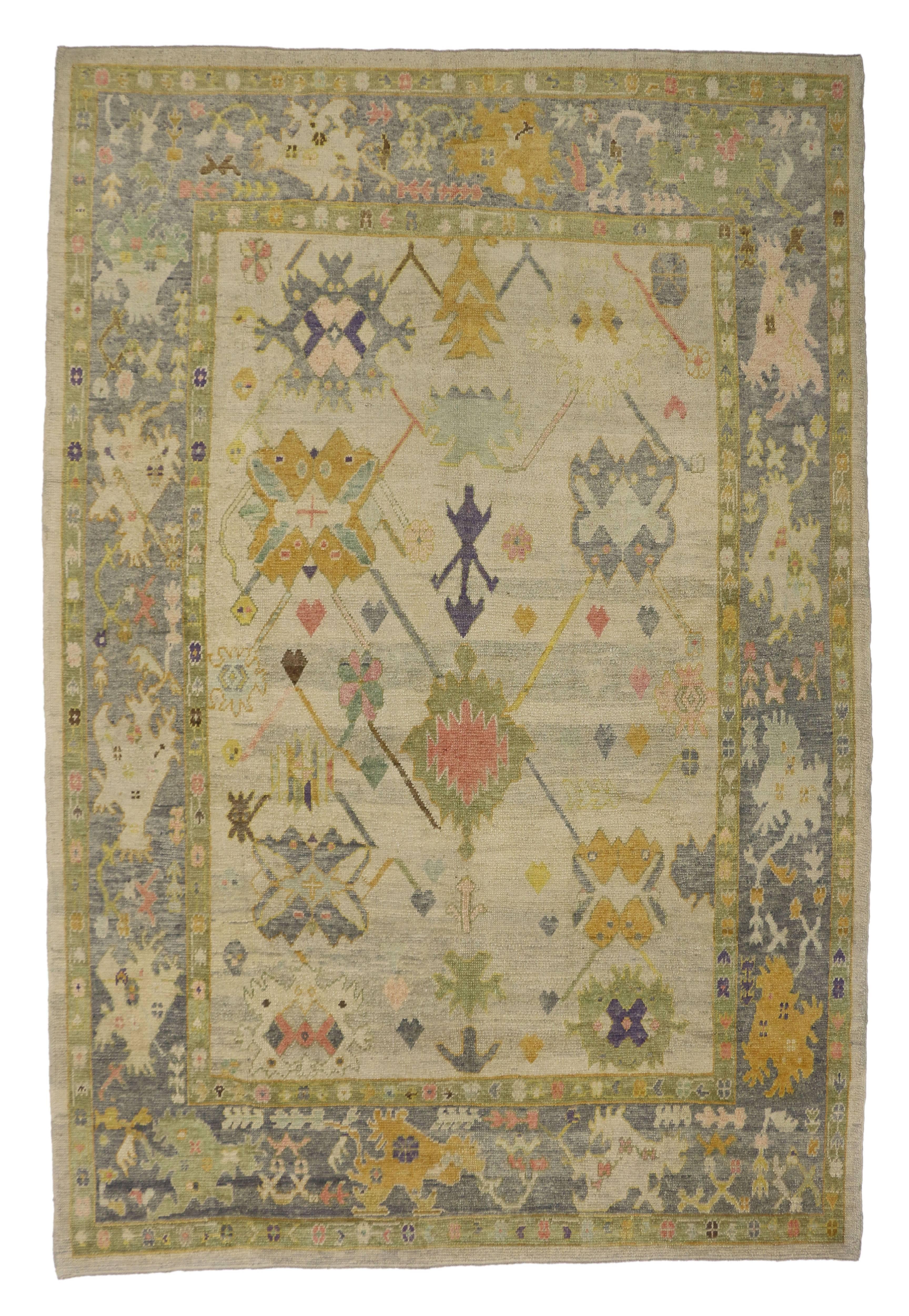 Contemporary Turkish Oushak Rug with Pastel Colors and Tribal Boho Chic Style In New Condition In Dallas, TX