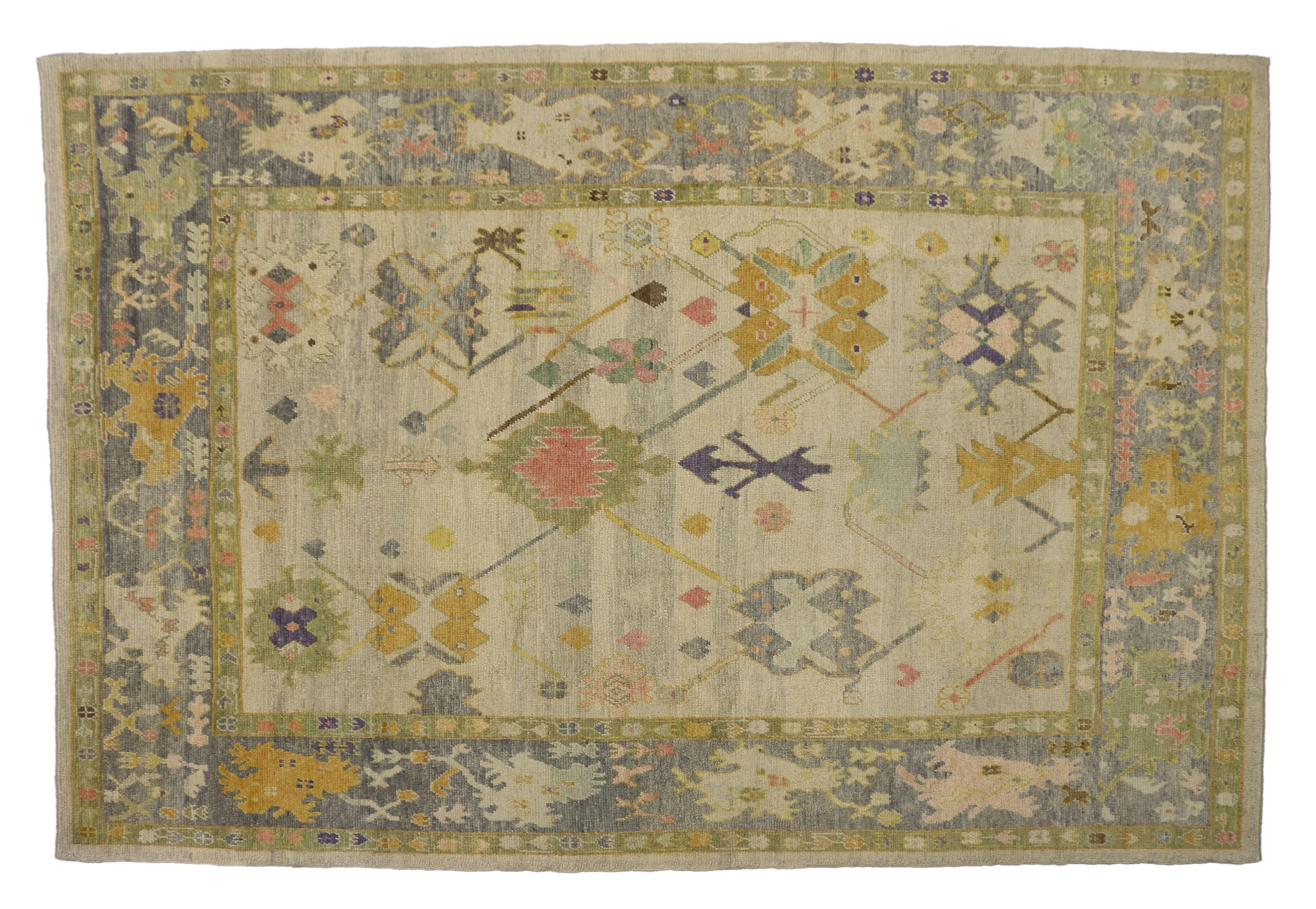 Contemporary Turkish Oushak Rug with Pastel Colors and Tribal Boho Chic Style 1