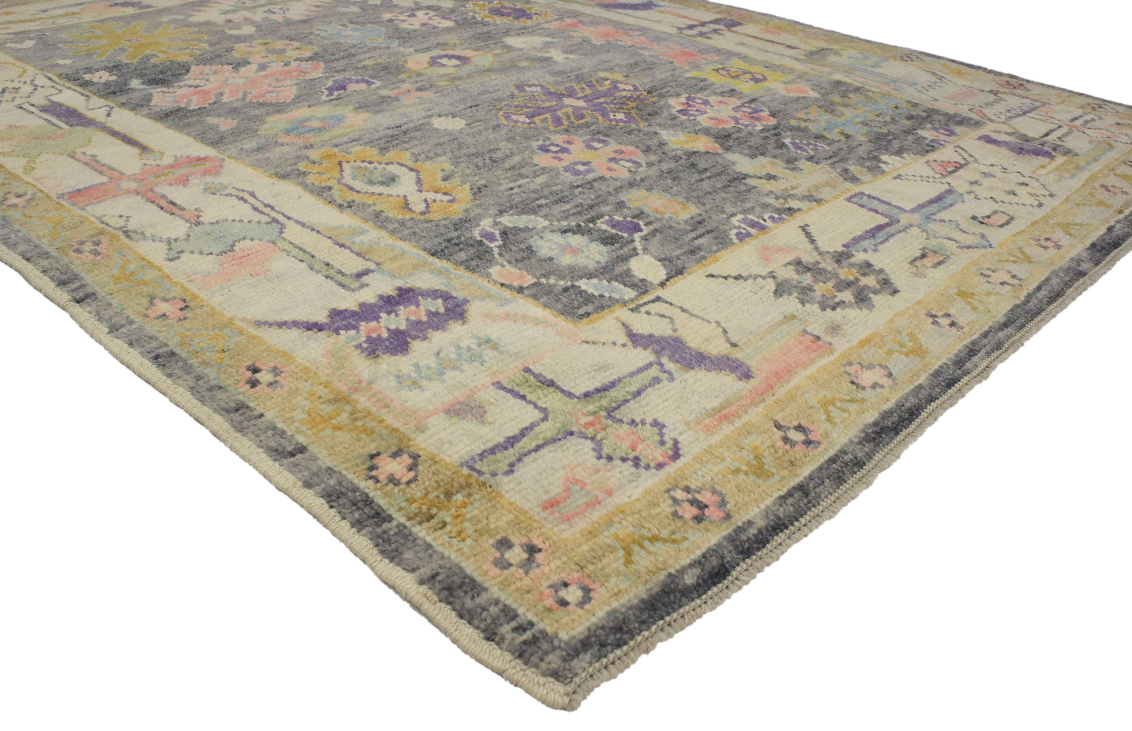 52159 Contemporary Turkish Oushak Rug with Pastel Colors and Tribal Boho Chic Style. This hand-knotted wool contemporary Turkish Oushak rug features variegated soft hues and pastel colors with a tribal boho chic style. The Oushak rug features an