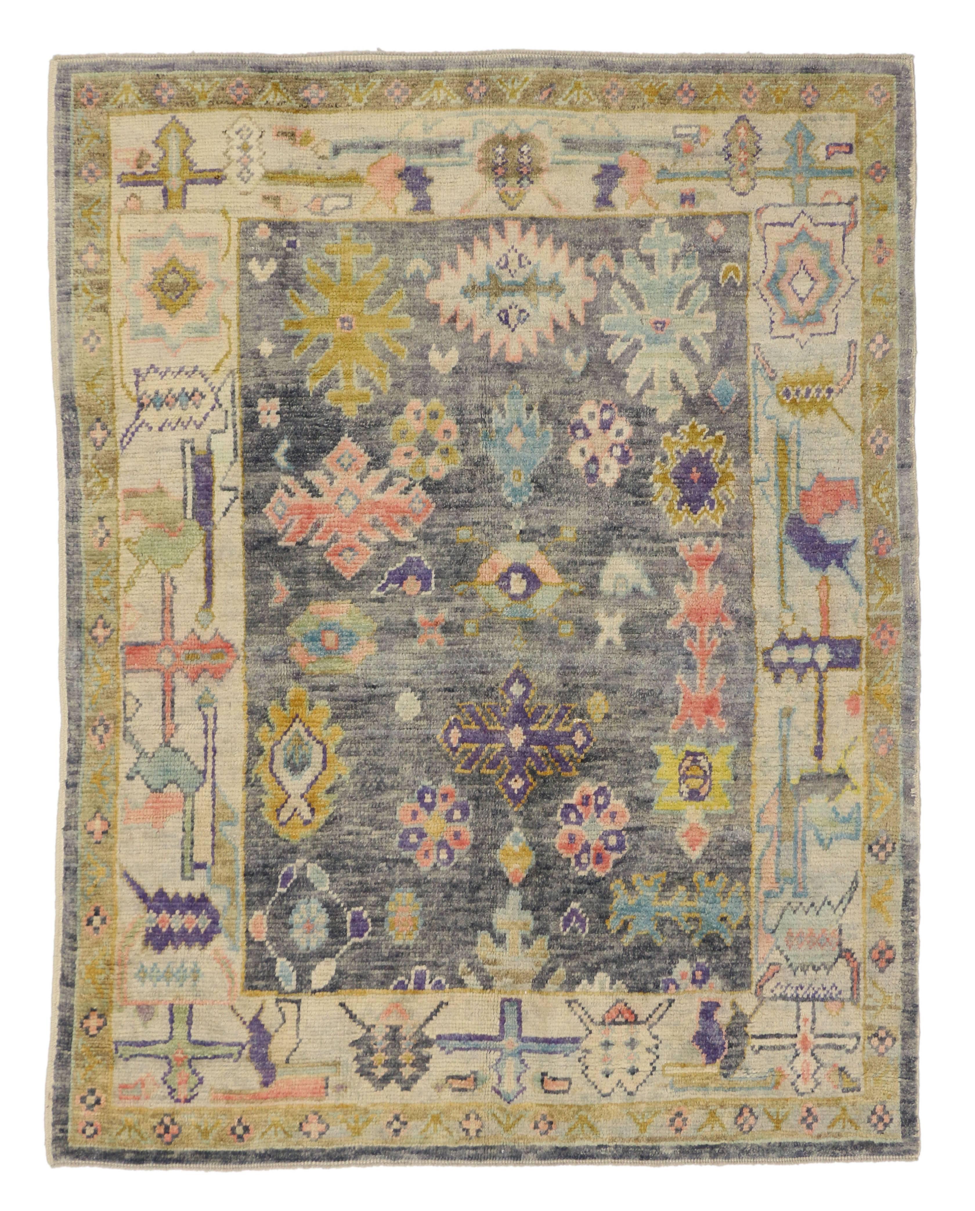 Wool Contemporary Turkish Oushak Rug with Pastel Colors and Tribal Boho Chic Style