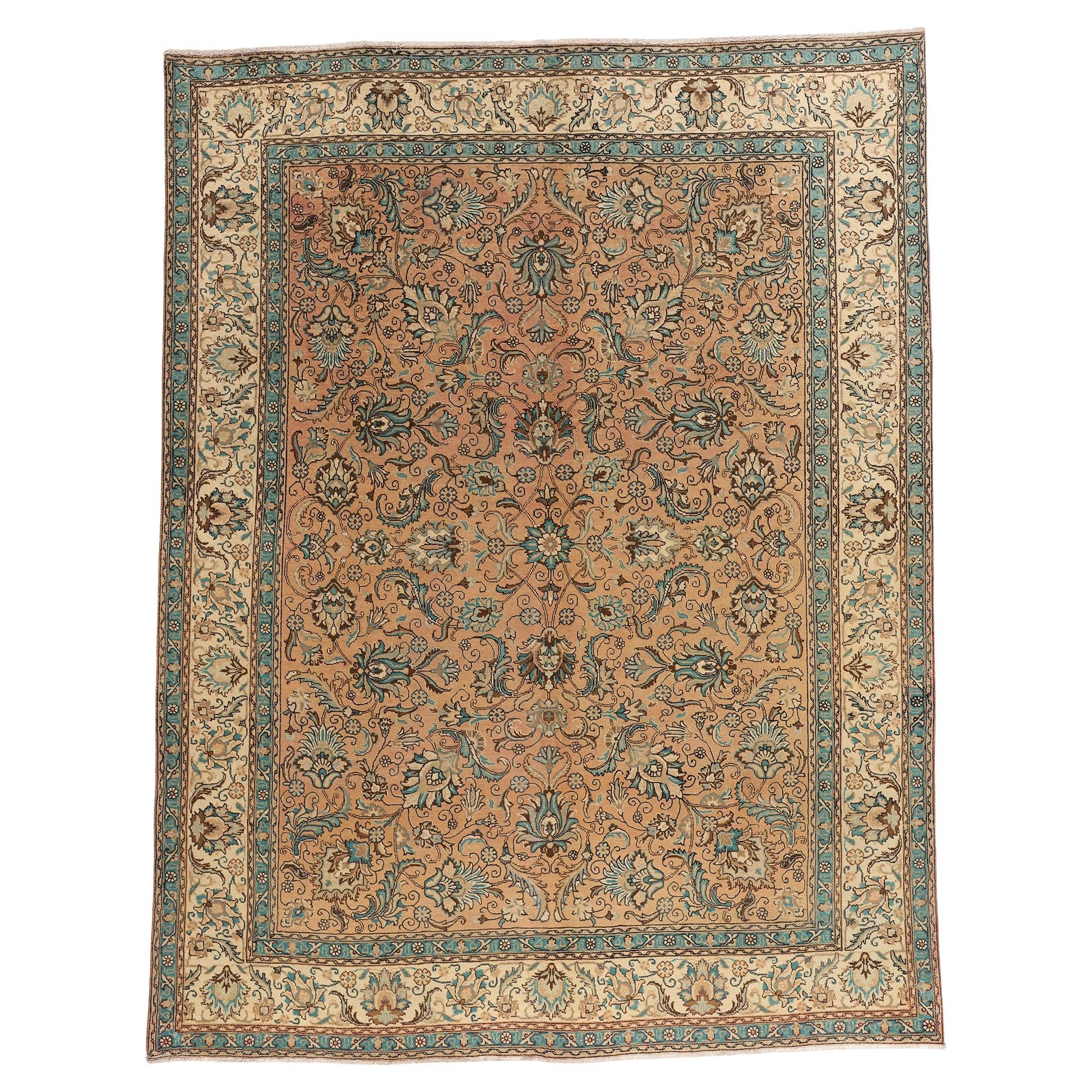 Tappeto persiano Tabriz vintage con stile rustico georgiano in vendita