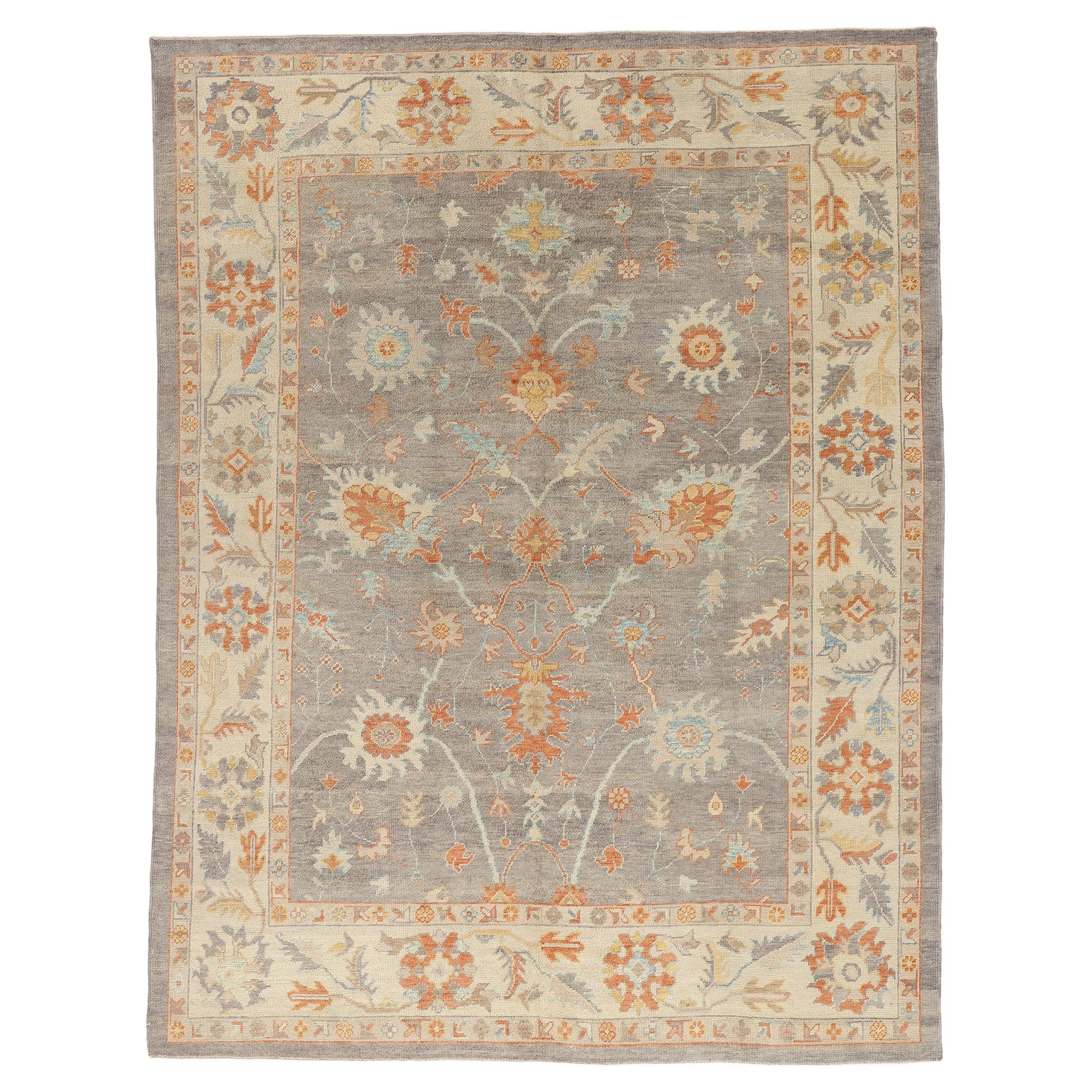 New Modern Gray Turkish Oushak Carpet with Transitional Style