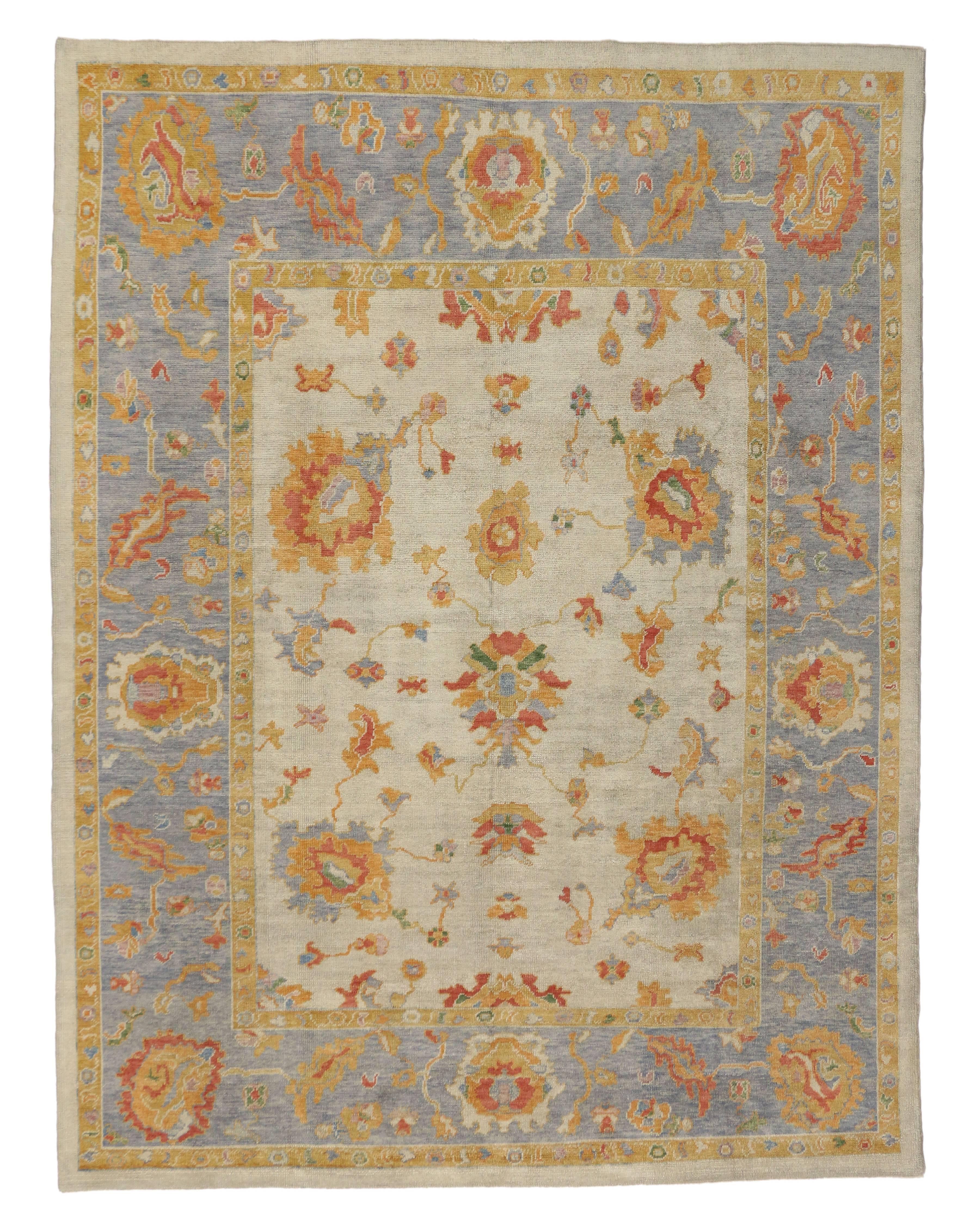 Hand-Knotted Contemporary Turkish Oushak Rug in Pastel Colors with Tribal Boho Chic Style For Sale