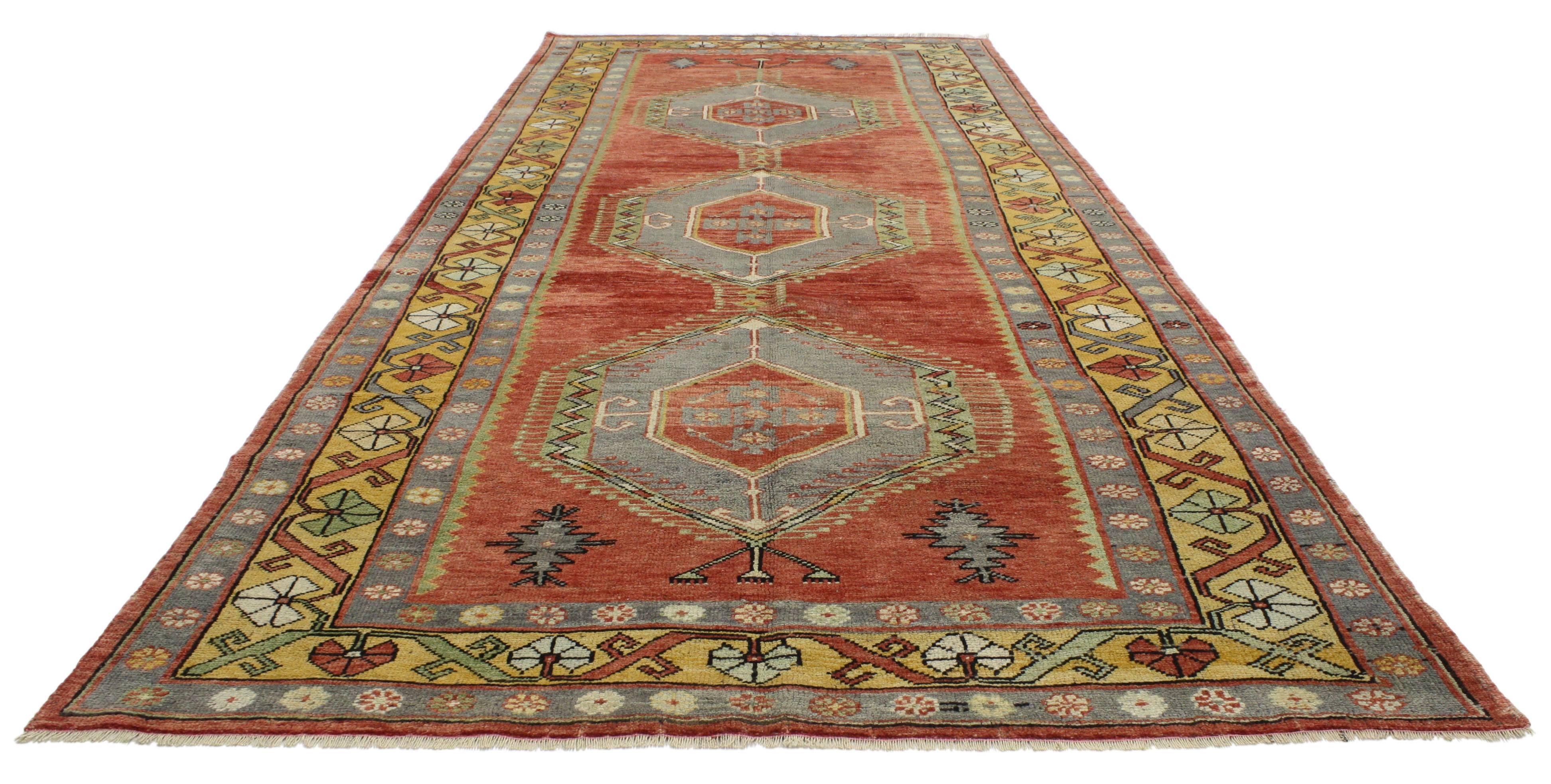 52174 Vintage Turkish Oushak Gallery Rug with Modern Tribal Style, Wide Hallway Runner. This vintage Turkish Oushak runner features a modern tribal style. Immersed in Anatolian history and rich waves of abrash, this Oushak runner combines simplicity