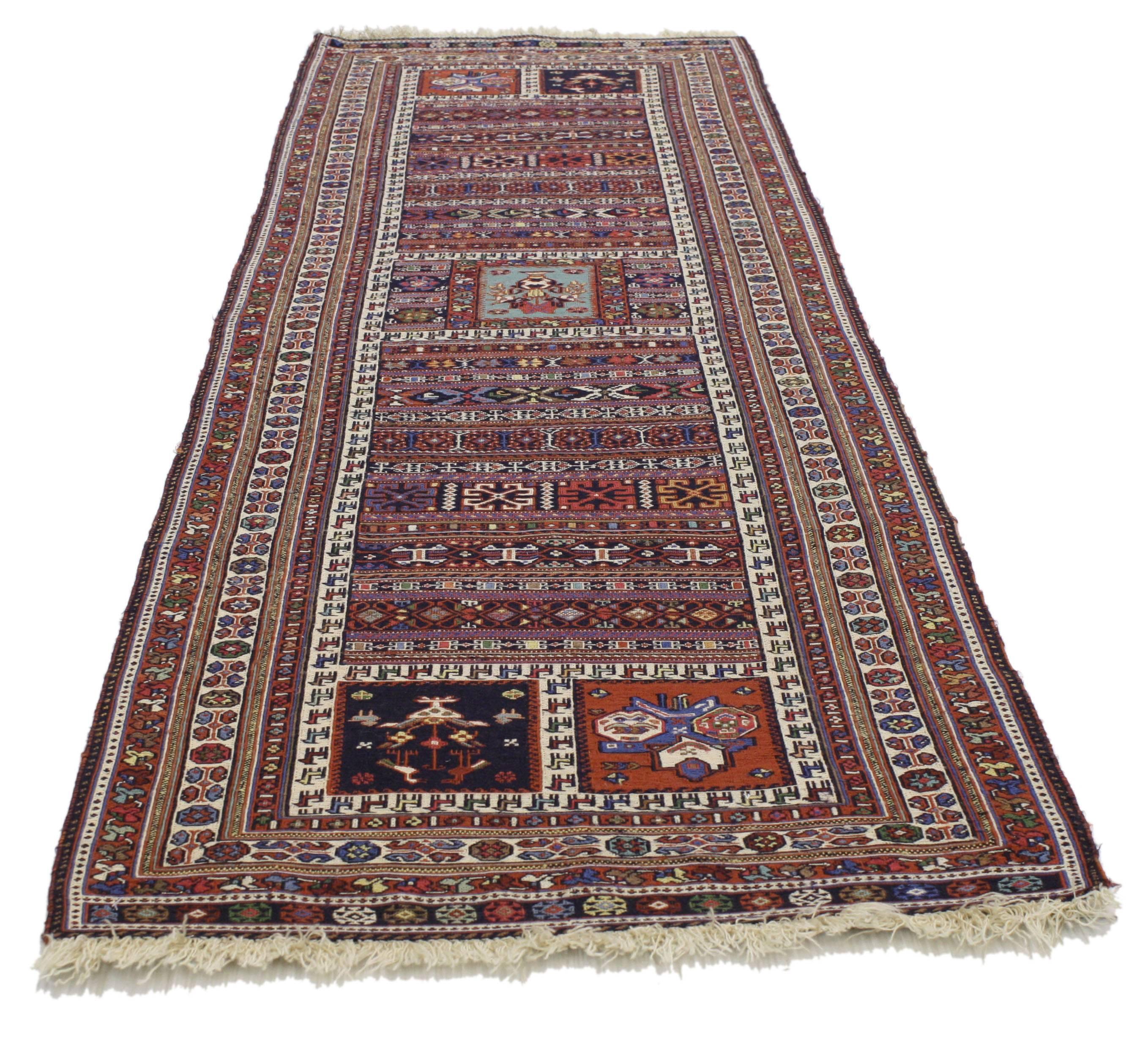 77002 Vintage Soumak Persian Runner With Tribal Style. This hand-woven vintage Persian Soumak runner features a compartment design composed of symbolic tribal motifs. It is enclosed with a series of guard bands. Perfect for a hallway, corridor,