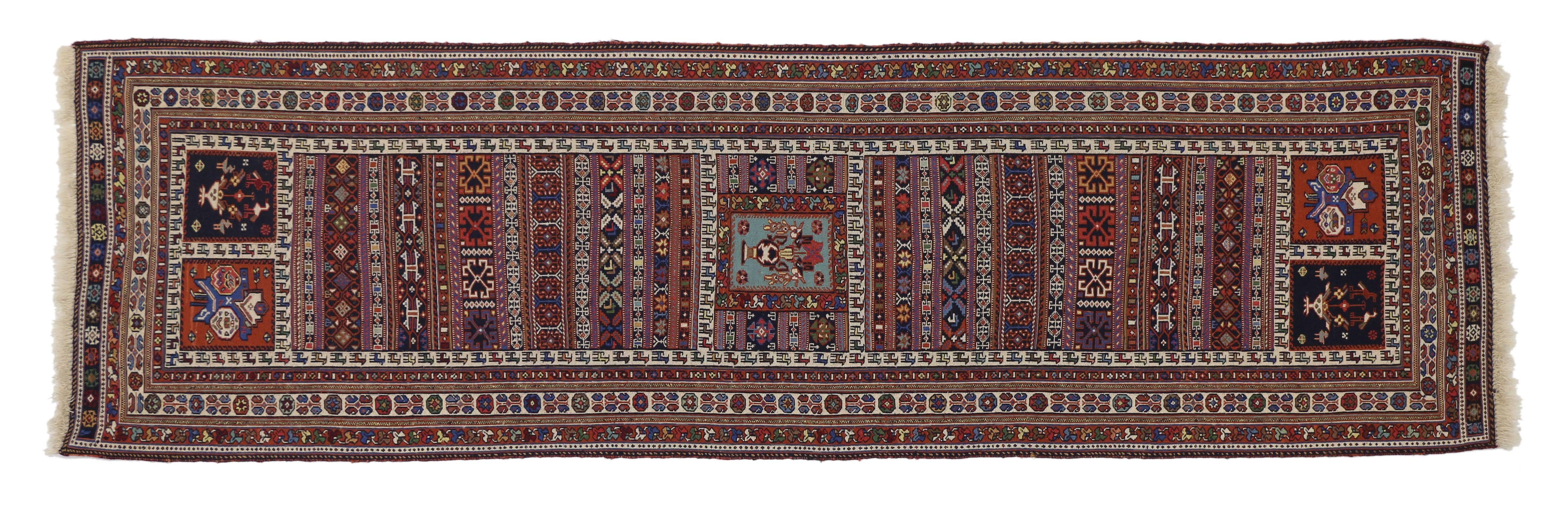 Hand-Woven Vintage Soumak Persian Runner with Tribal Style, Flat-Weave Hallway Runner