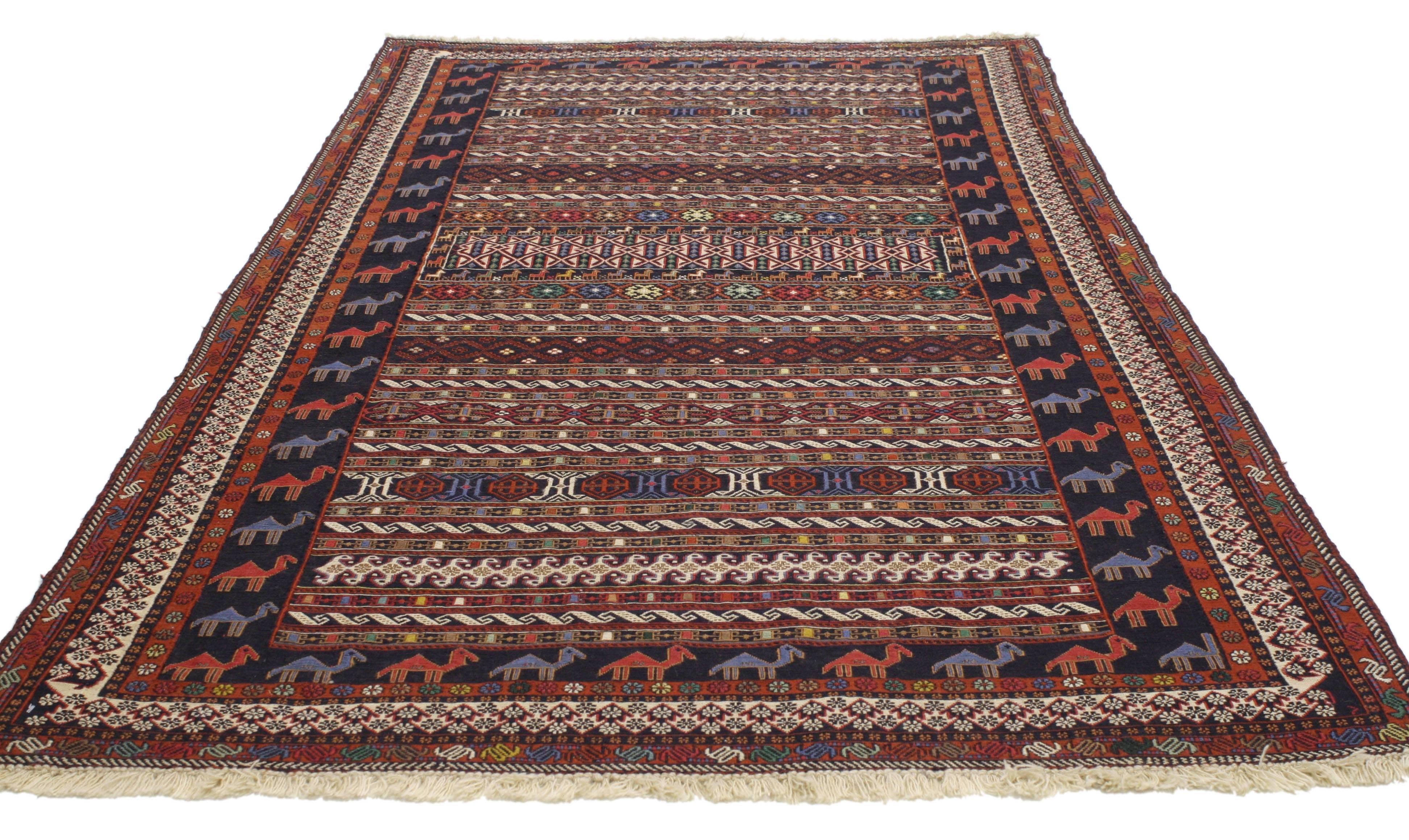 Turkish Vintage Soumak Persian Rug with Tribal Style For Sale