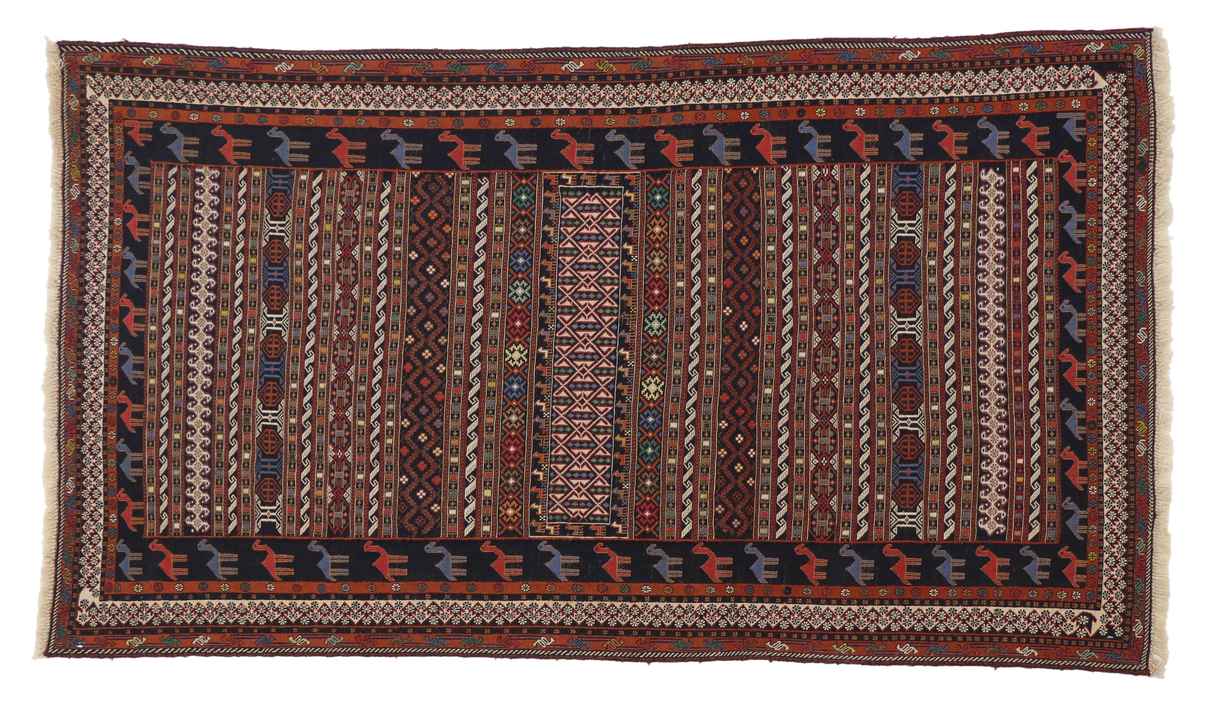 Hand-Woven Vintage Soumak Persian Rug with Tribal Style For Sale